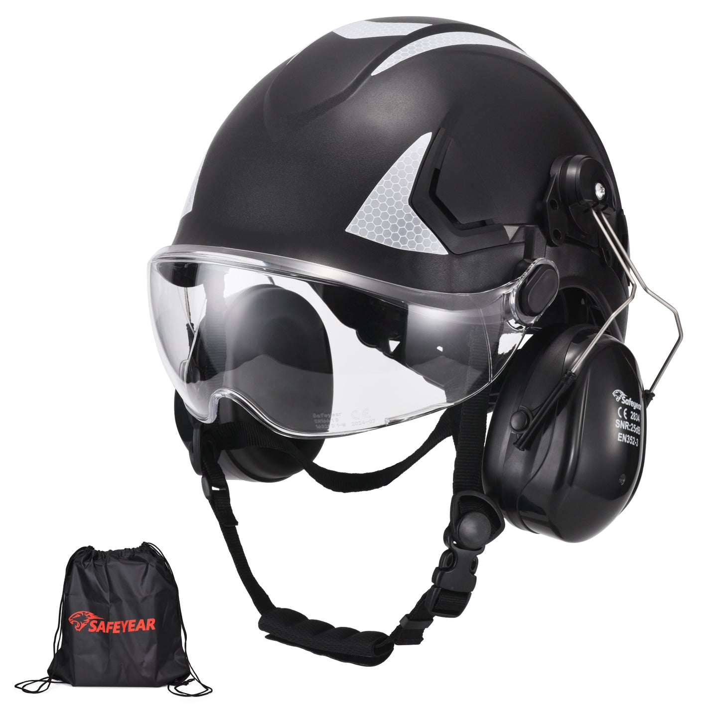 SAFEYEAR Triple Shield Safety System: ANSI/CE Hard Hat With Eyes Shield + Earmuffs for Industrial & Outdoor Work