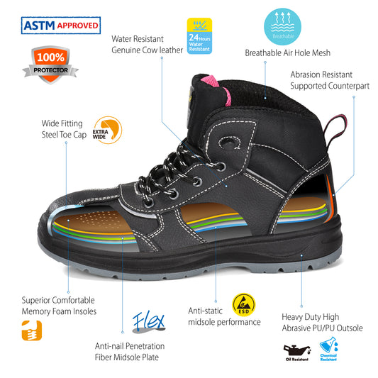 Safetoe Black Steel Toe Work Boots for Women