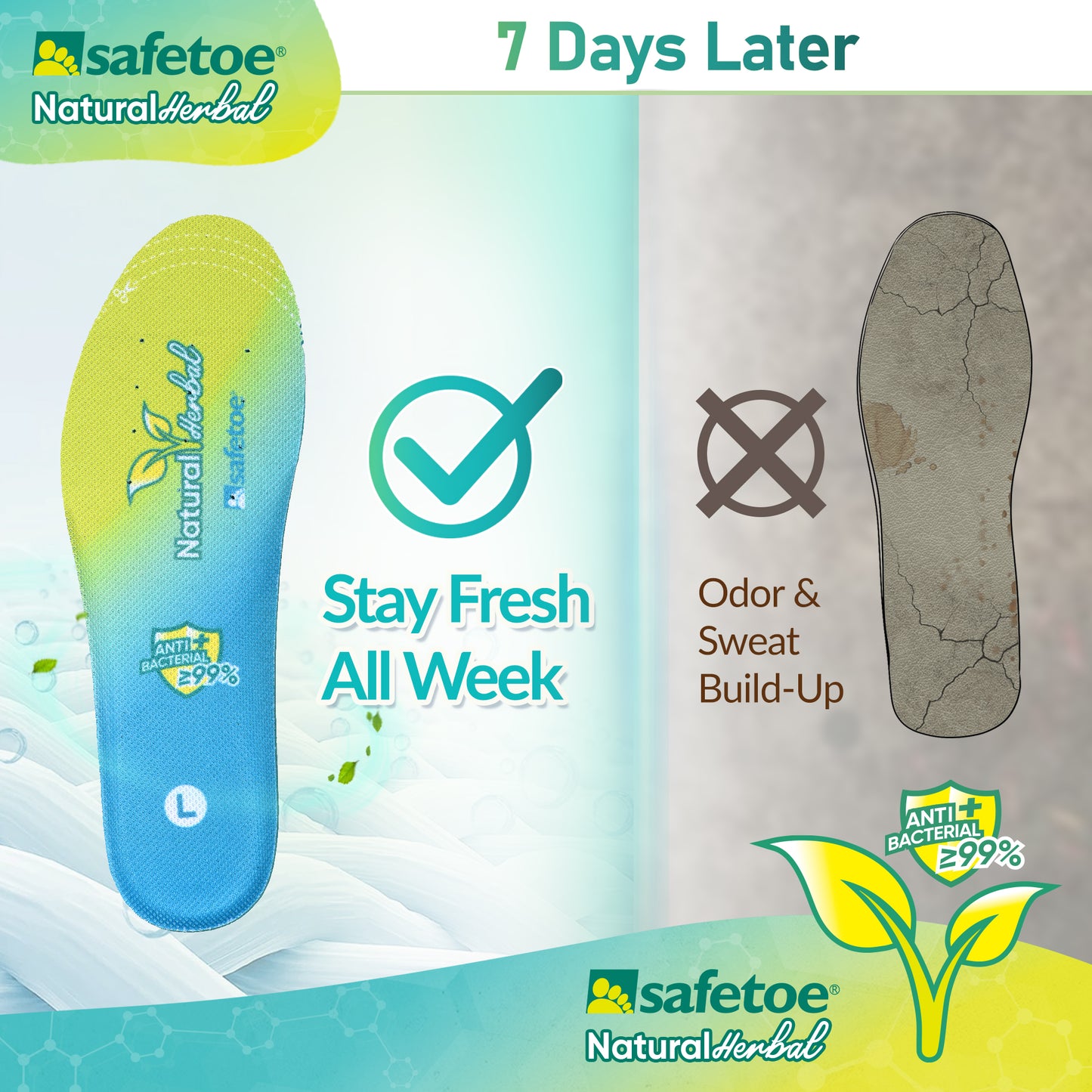 SAFETOE Antibacterial Insoles |Dual-Layer Odour Control with Natural Herbal & Arch Support Inserts for Men/Women