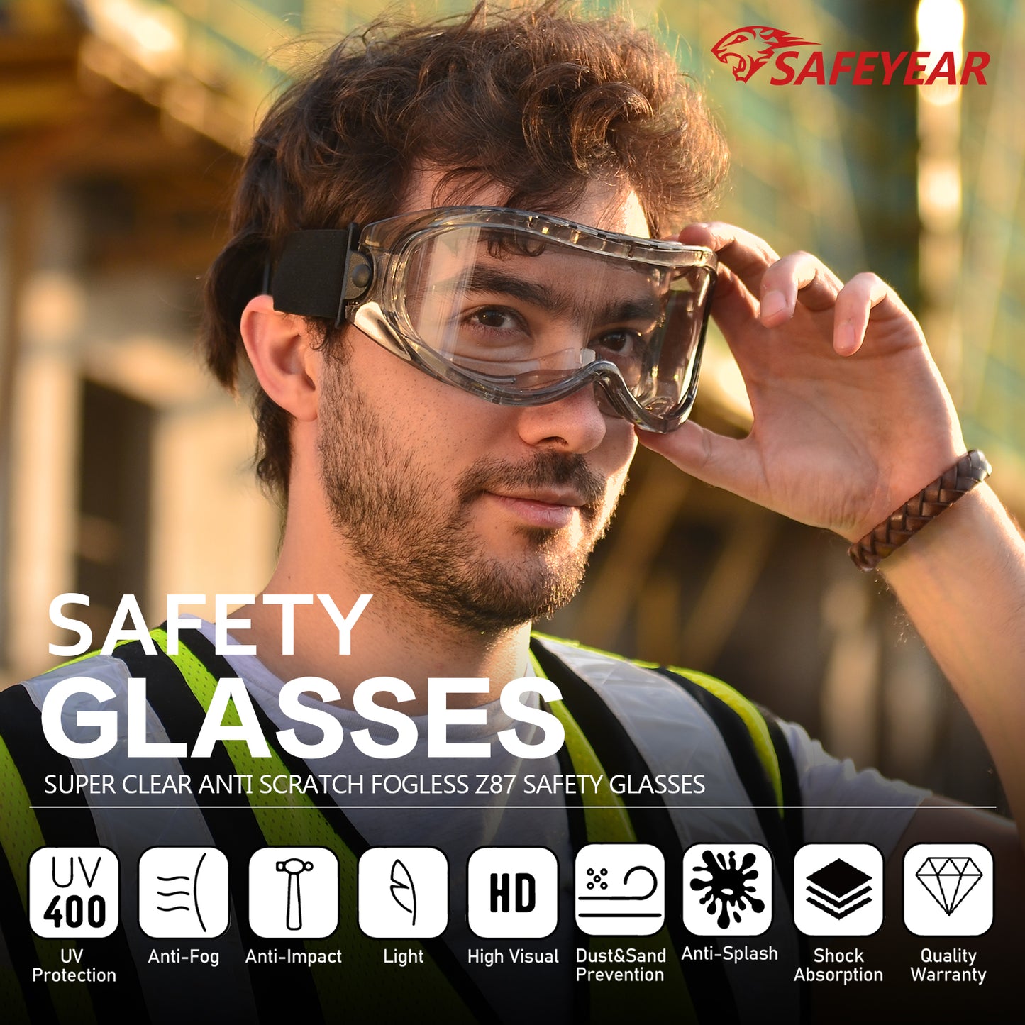 SAFEYEAR Anti Fog Safety Goggles- SG007 HD Scratch Resistant Safety Glasses Lens for Men and Women, VU Protection Over Glasses Work Goggles for DIY, Lab, Welding, Grinding, Chemistry