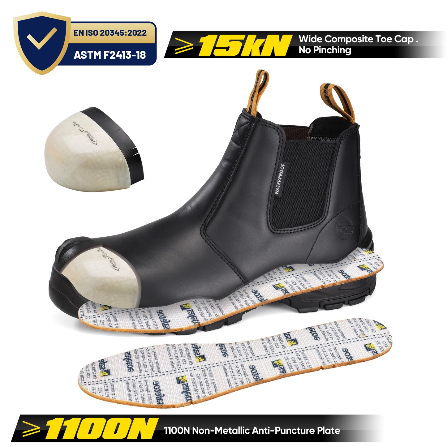 Safetoe Water Resistant Leather Black Work Boots(M-8025NBO)