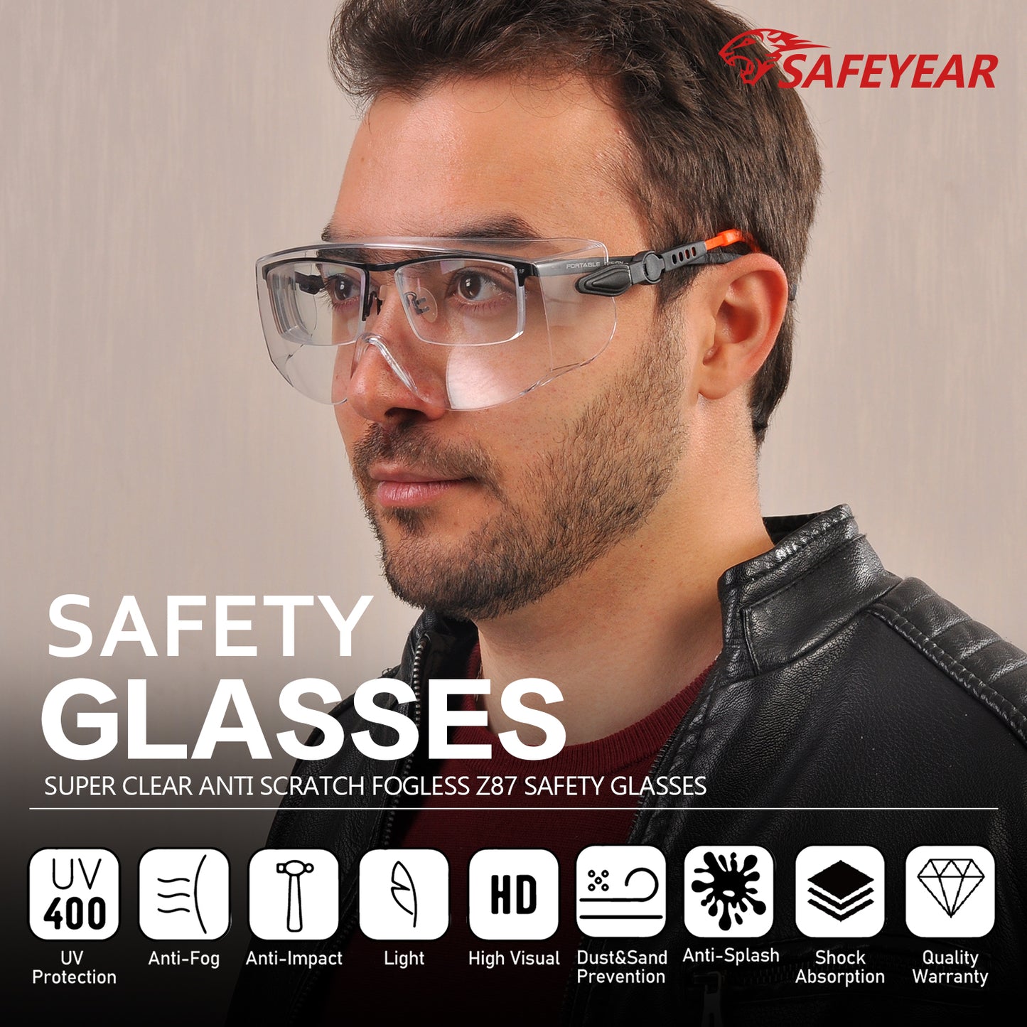 SAFEYEAR Over Glasses Safety Goggles ANSI/EN16321 - Anti-Fog Adjustable Arms
