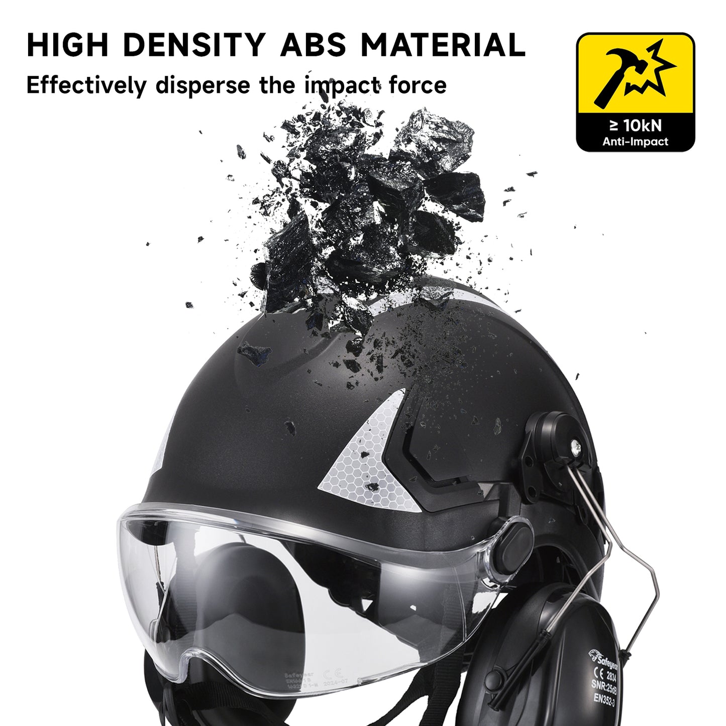 SAFEYEAR Triple Shield Safety System: ANSI/CE Hard Hat With Eyes Shield + Earmuffs for Industrial & Outdoor Work