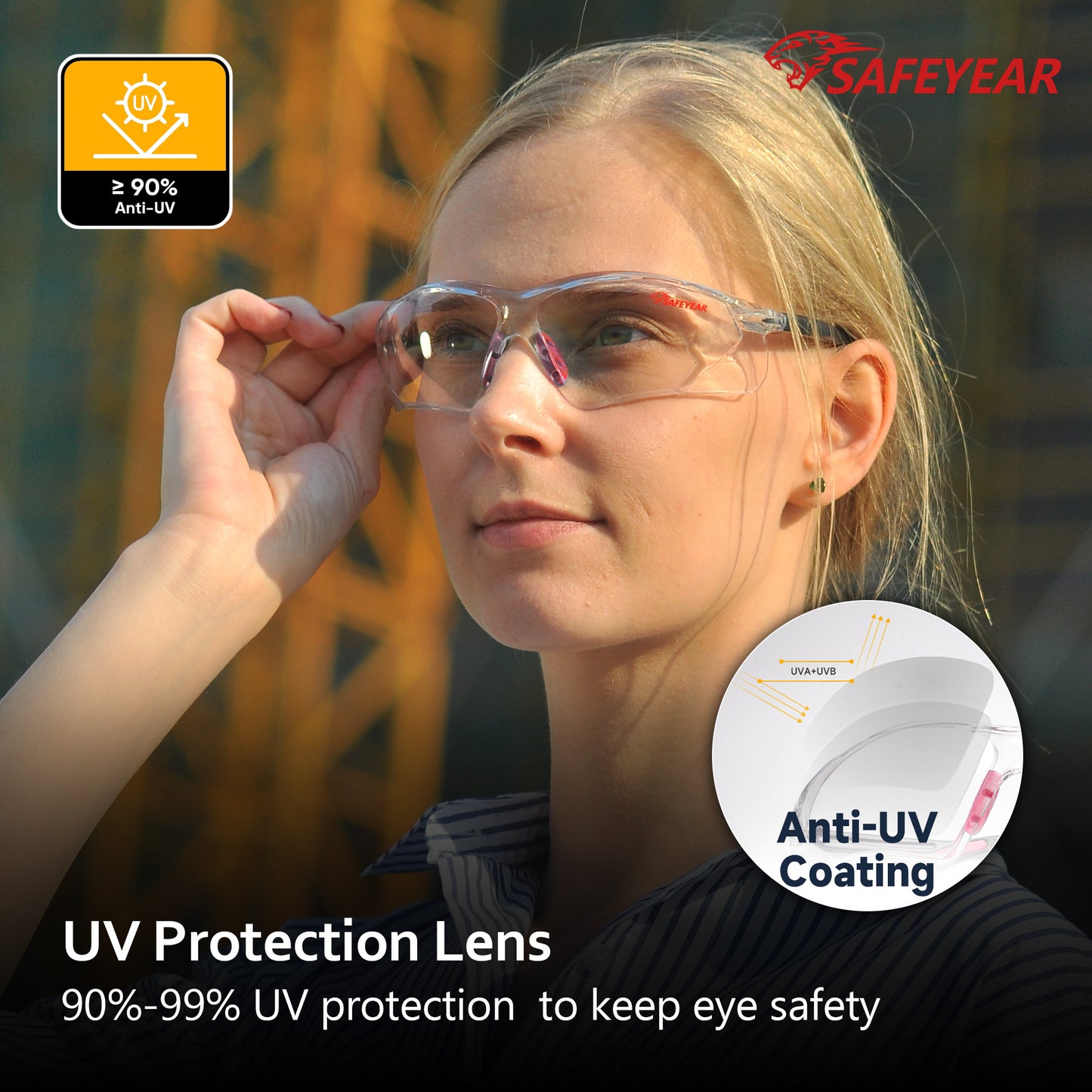 Gafas de seguridad SAFEYEAR para mujer, lentes antivaho, transparentes HD, resistentes a arañazos, con correas ajustables, agarre antideslizante, protección VU para bricolaje, laboratorio, soldadura, pulido y química (rosa)