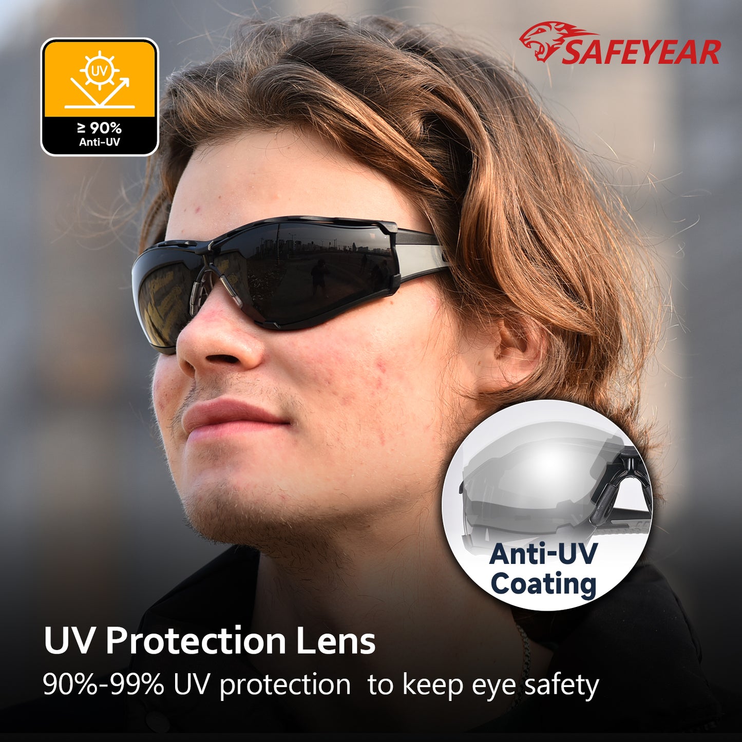ANSI & EN166 Safety Sunglasses - UV400 Tinted Lens, Free Head Strap Included