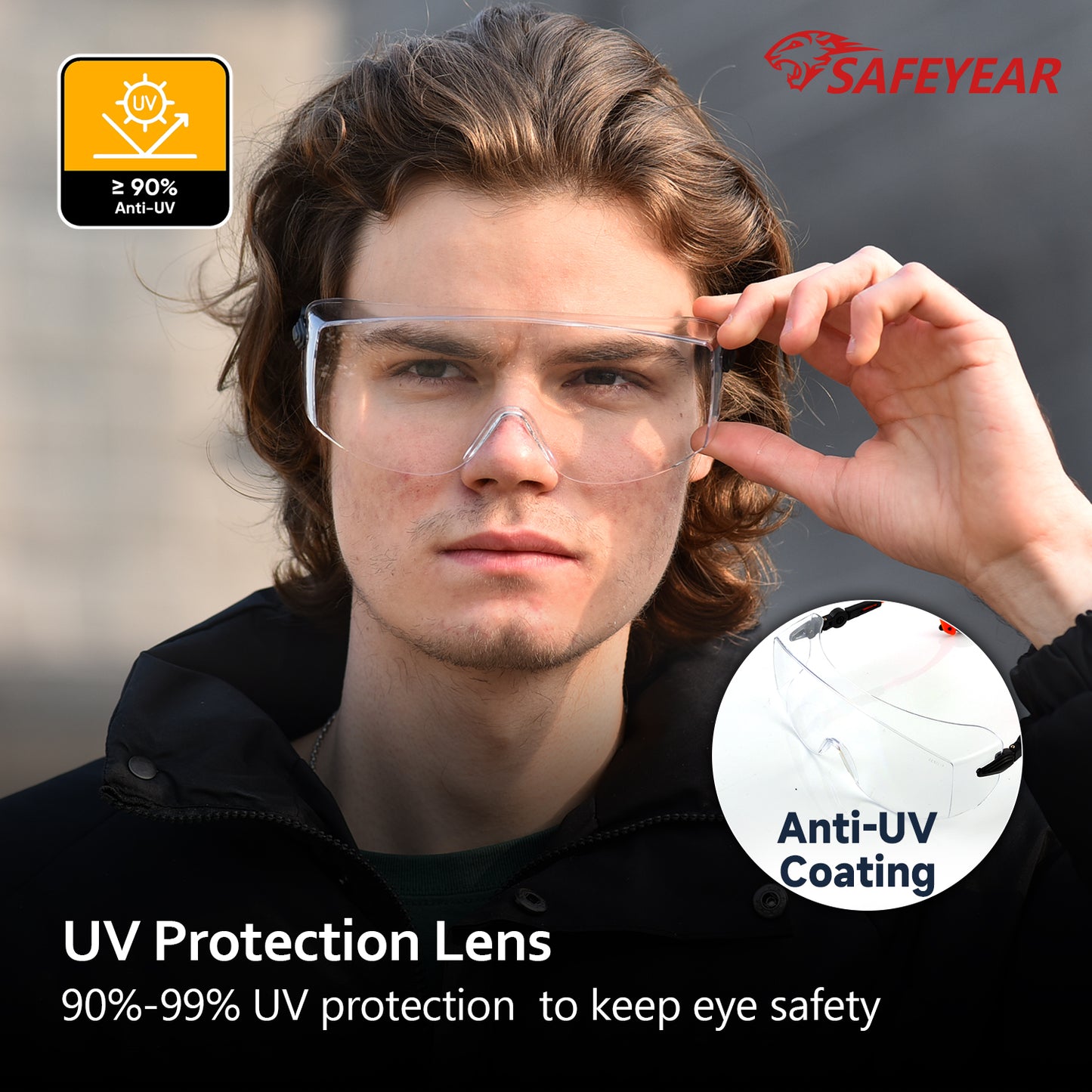 SAFEYEAR Over Glasses Safety Goggles ANSI/EN16321 - Anti-Fog Adjustable Arms