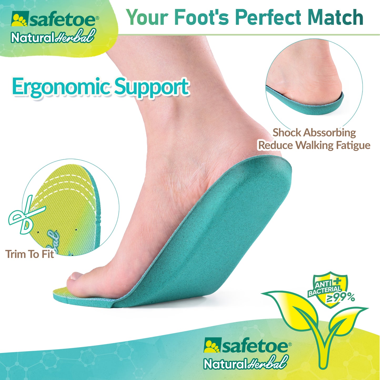 SAFETOE Antibacterial Insoles |Dual-Layer Odour Control with Natural Herbal & Arch Support Inserts for Men/Women