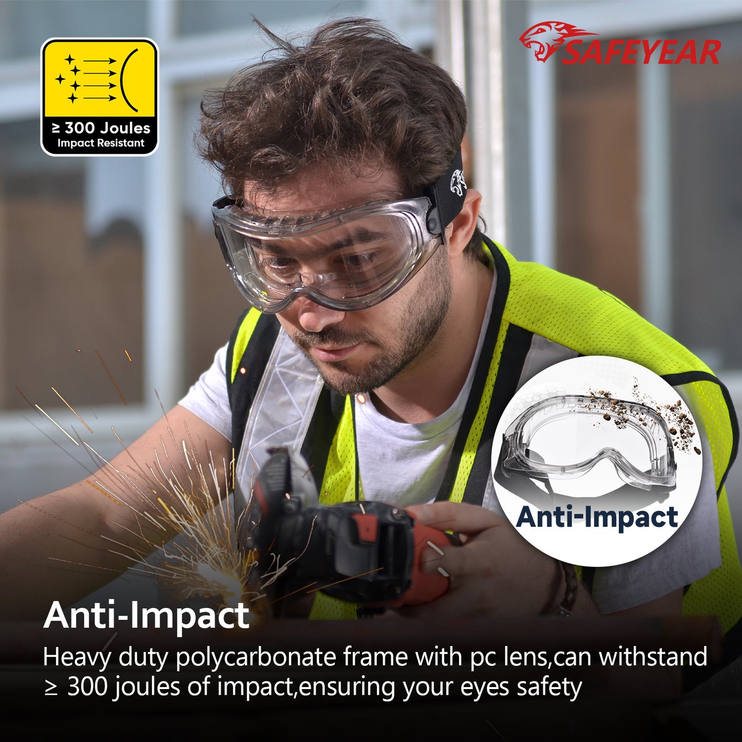 SAFEYEAR Anti Fog Safety Goggles- SG007 HD Scratch Resistant Safety Glasses Lens for Men and Women, VU Protection Over Glasses Work Goggles for DIY, Lab, Welding, Grinding, Chemistry