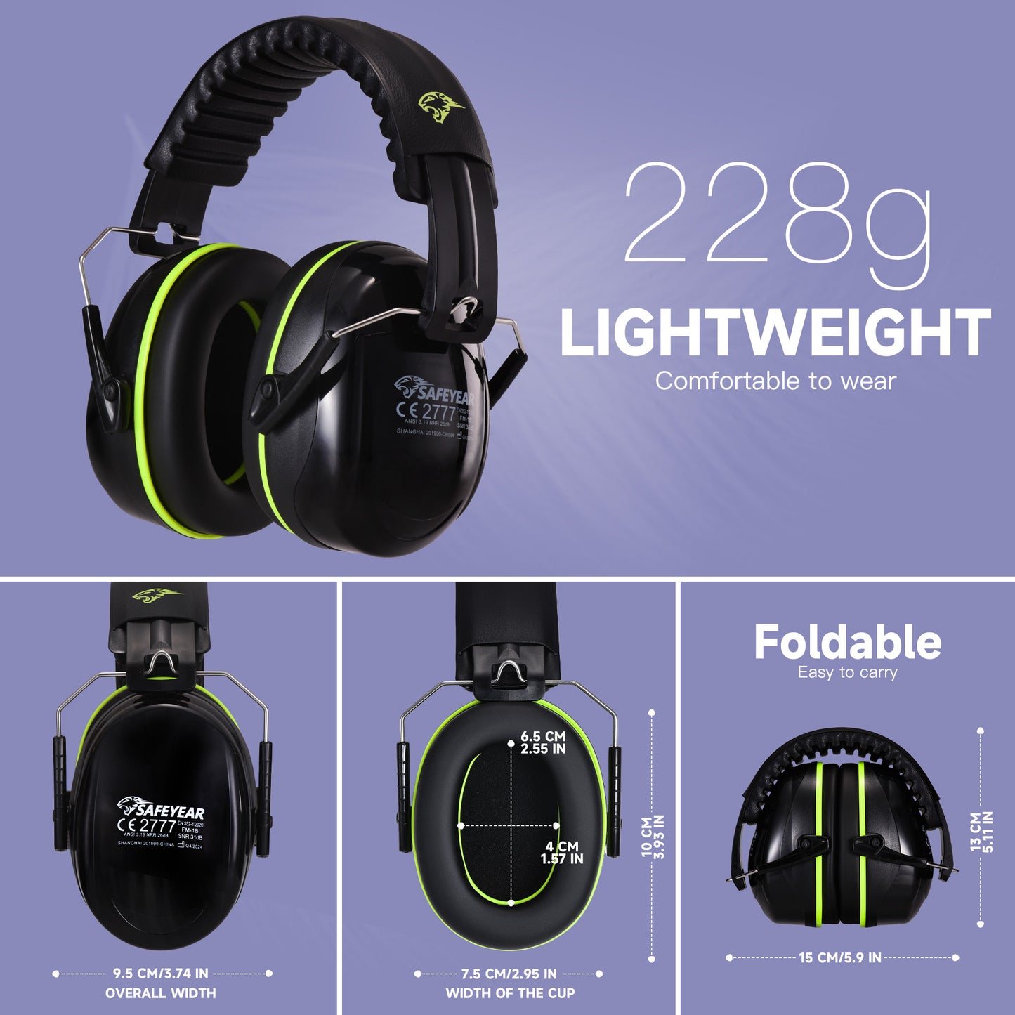 Safeyear QuiteEnjoy 31dB SNR Ear Muffs, Adjustable Noise Cancelling Ear Defenders for Construction Airport Factory, ANSI/CE Certified Hearing Protection