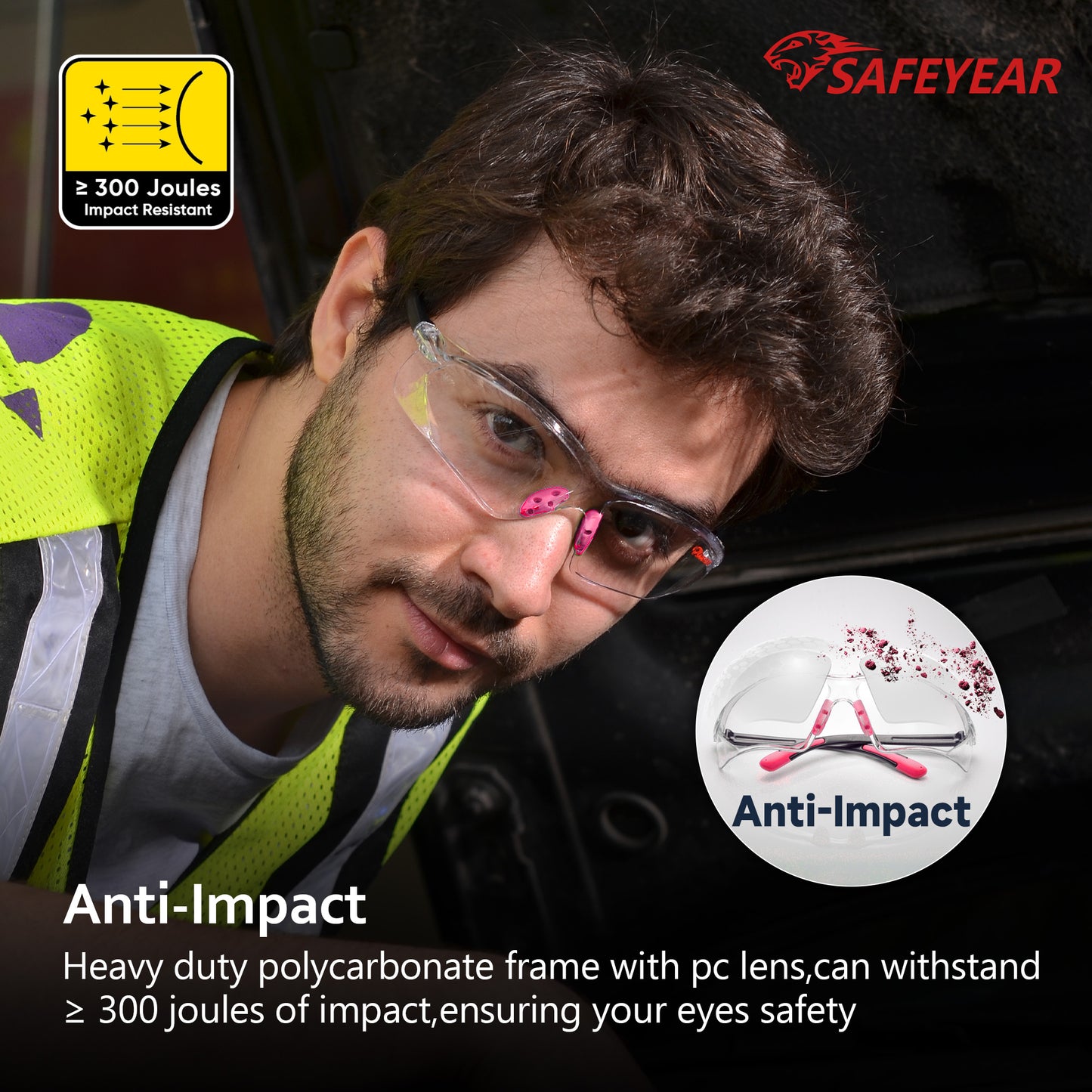 Gafas de seguridad SAFEYEAR para mujer, lentes antivaho, transparentes HD, resistentes a arañazos, con correas ajustables, agarre antideslizante, protección VU para bricolaje, laboratorio, soldadura, pulido y química (rosa)
