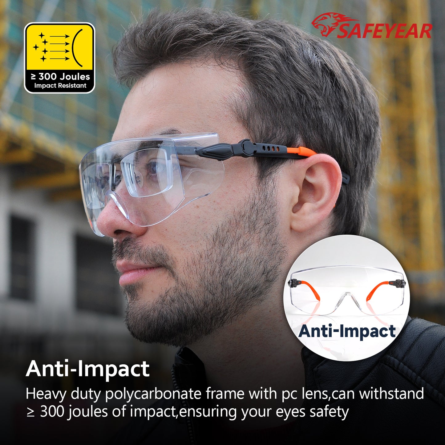 SAFEYEAR Over Glasses Safety Goggles ANSI/EN16321 - Anti-Fog Adjustable Arms