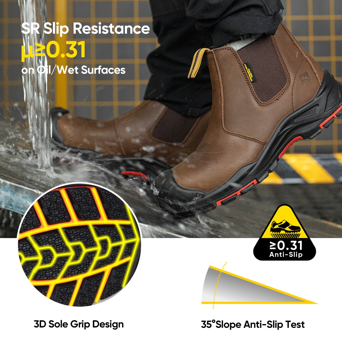 Safetoe Water Resistant Leather Brown Work Boots(M-8025NBO)