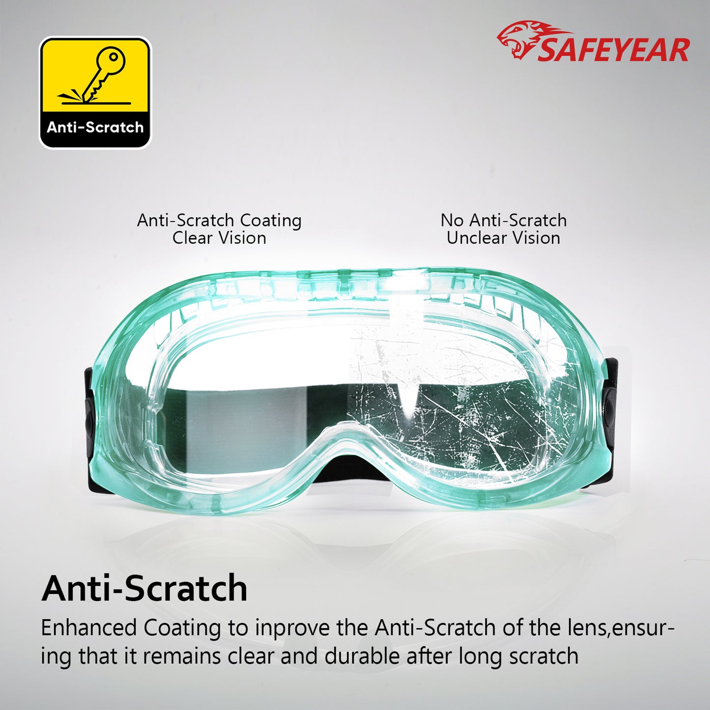 SAFEYEAR Anti Fog Safety Goggles Green【ANSI Z87 Approved】 HD Scratch Resistant Safety Glasses for Men and Women, VU Protection Over Glasses Work Goggles