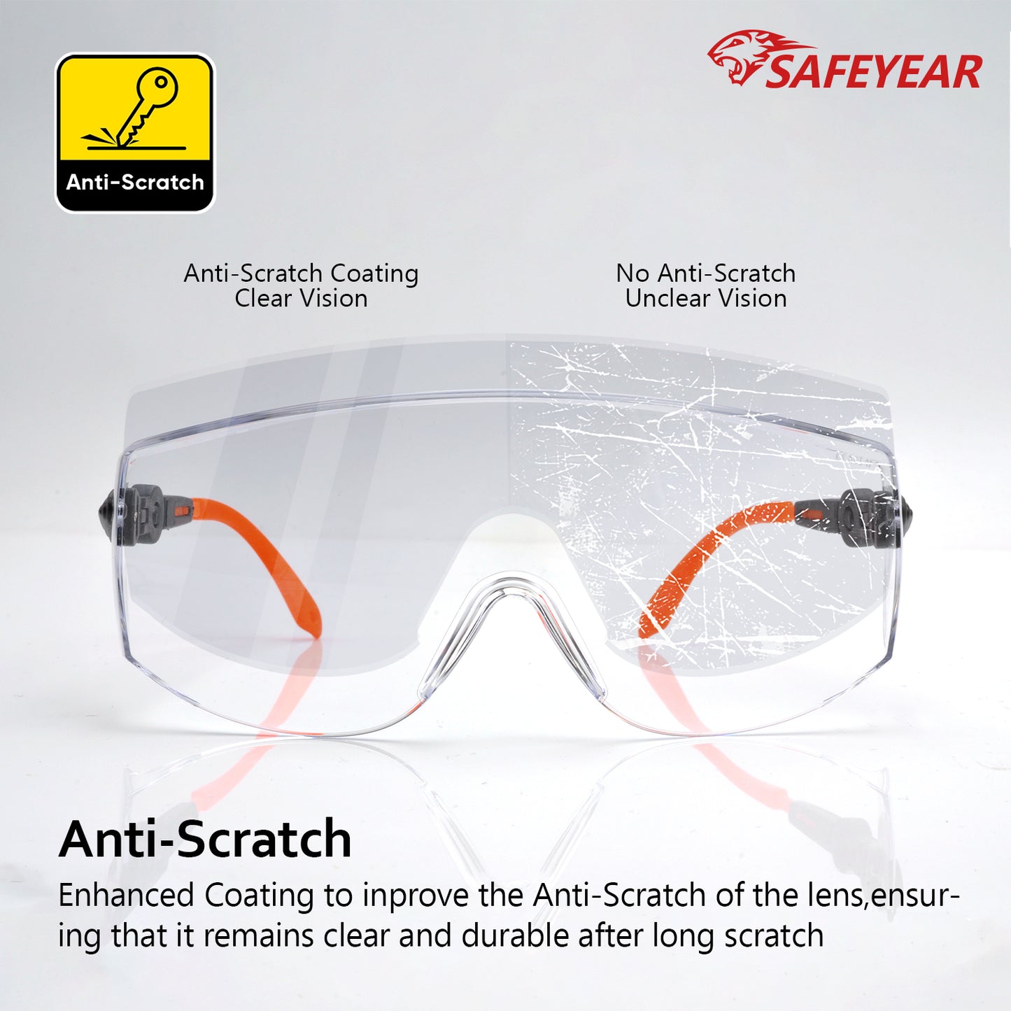 SAFEYEAR Over Glasses Safety Goggles ANSI/EN16321 - Anti-Fog Adjustable Arms