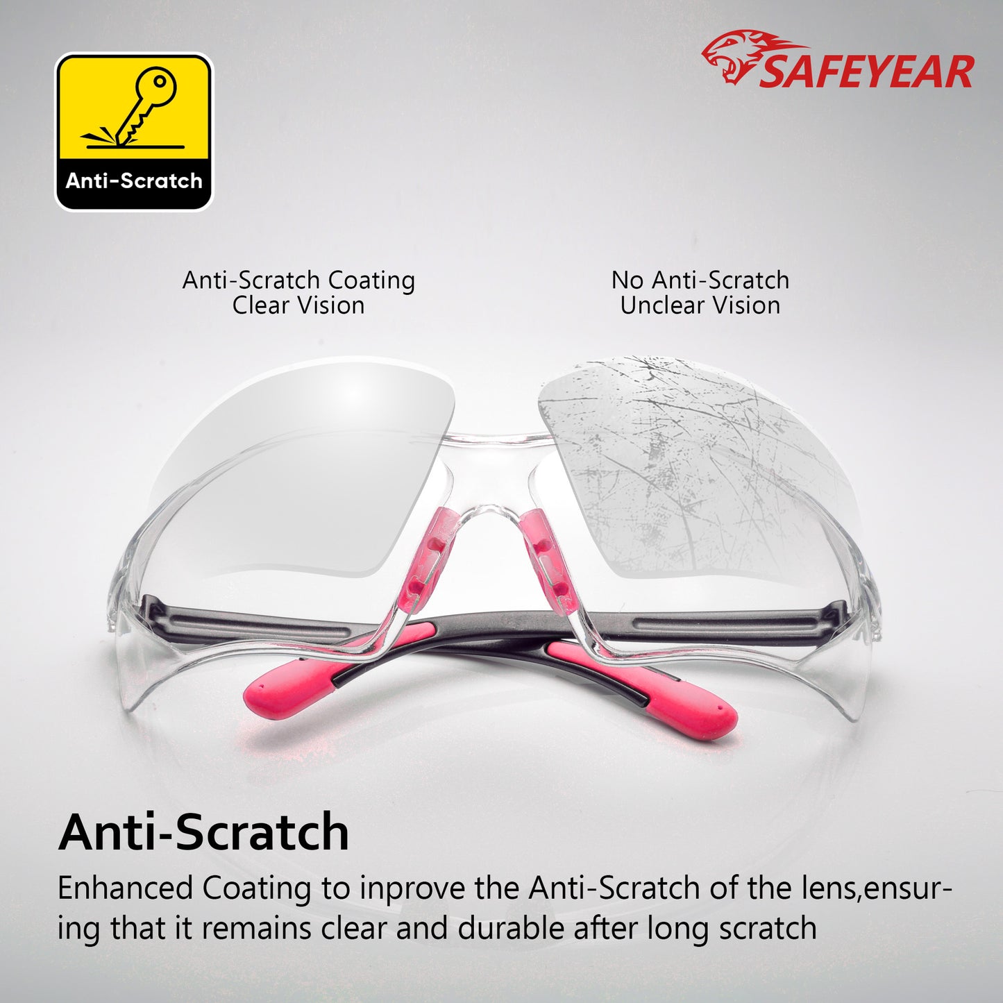Gafas de seguridad SAFEYEAR para mujer, lentes antivaho, transparentes HD, resistentes a arañazos, con correas ajustables, agarre antideslizante, protección VU para bricolaje, laboratorio, soldadura, pulido y química (rosa)
