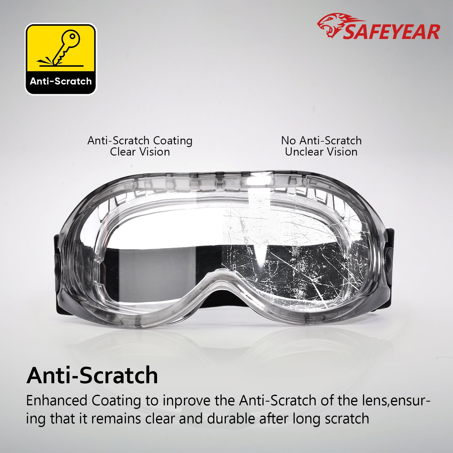 SAFEYEAR Anti Fog Safety Goggles- SG007 HD Scratch Resistant Safety Glasses Lens for Men and Women, VU Protection Over Glasses Work Goggles for DIY, Lab, Welding, Grinding, Chemistry