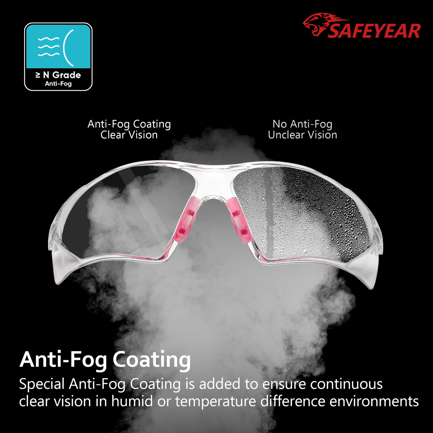Gafas de seguridad SAFEYEAR para mujer, lentes antivaho, transparentes HD, resistentes a arañazos, con correas ajustables, agarre antideslizante, protección VU para bricolaje, laboratorio, soldadura, pulido y química (rosa)