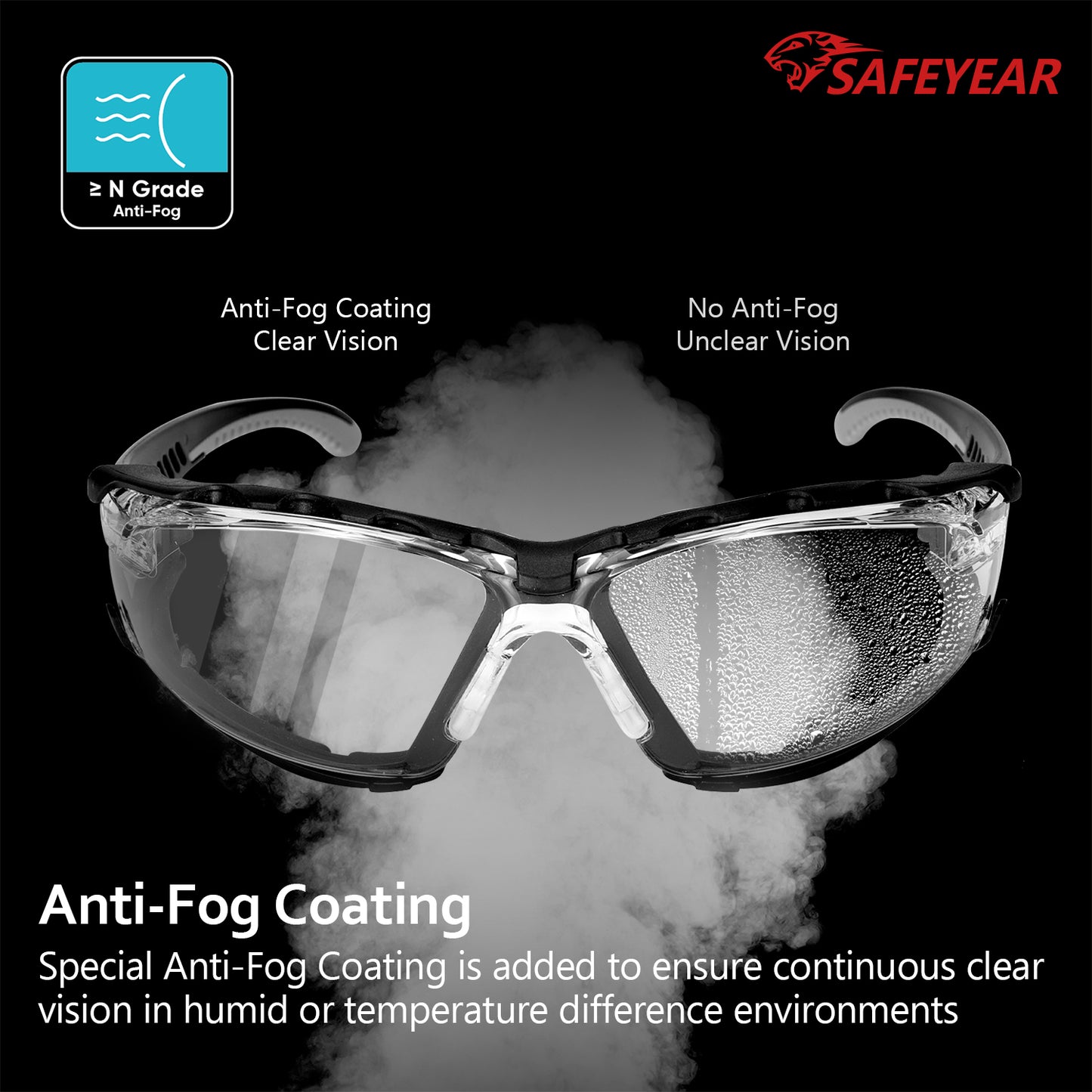 ANSI & EN16321 Safety Glasses - Anti-Fog/Scratch Resistant, Clear Lens with Free Head Strap