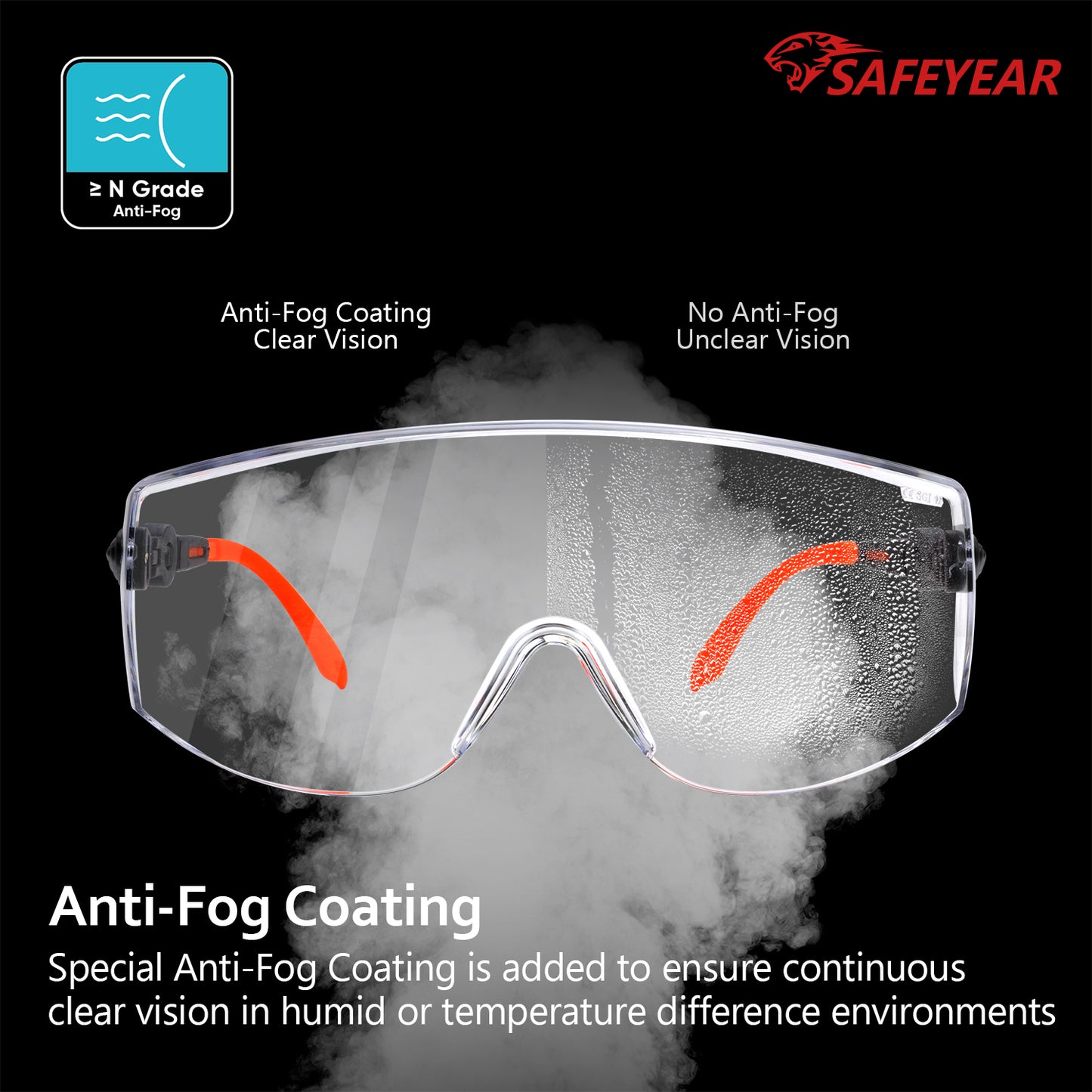 SAFEYEAR Over Glasses Safety Goggles ANSI/EN16321 - Anti-Fog Adjustable Arms
