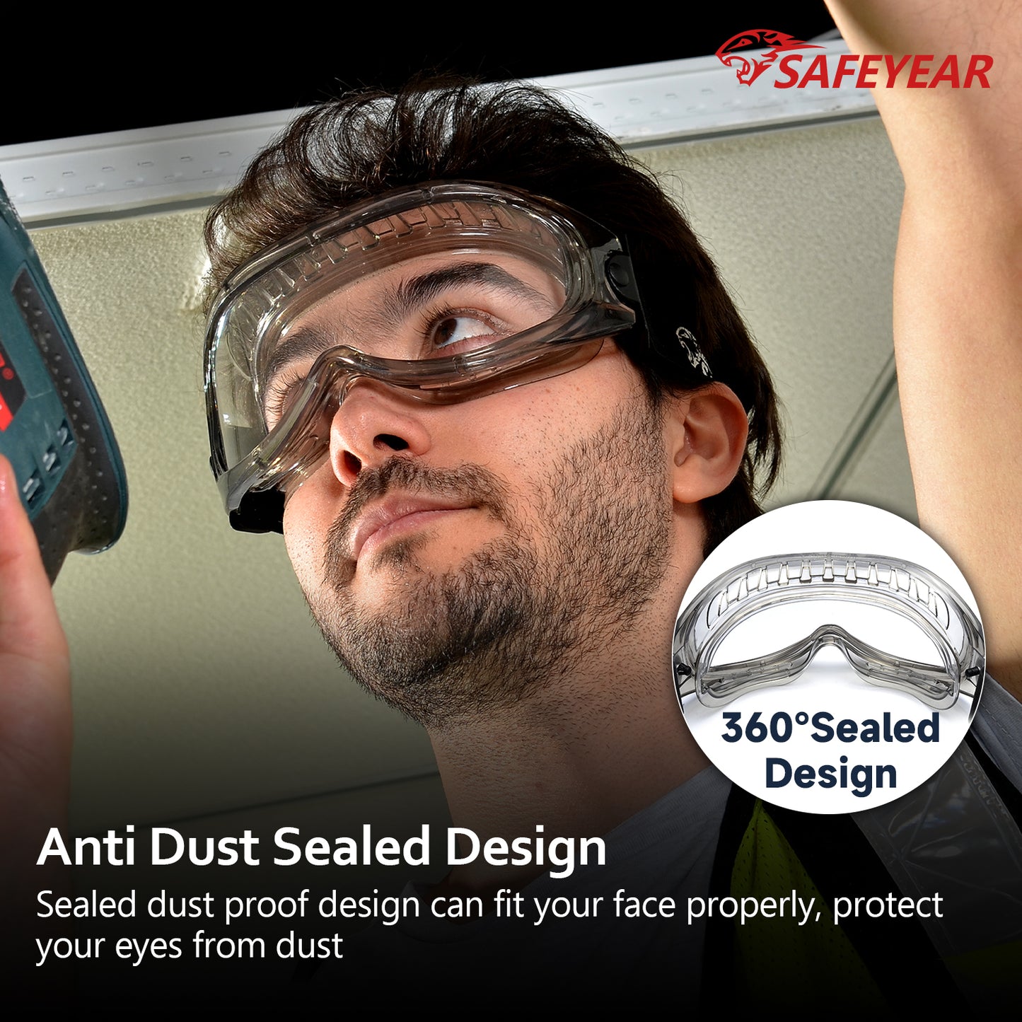 SAFEYEAR Anti Fog Safety Goggles- SG007 HD Scratch Resistant Safety Glasses Lens for Men and Women, VU Protection Over Glasses Work Goggles for DIY, Lab, Welding, Grinding, Chemistry