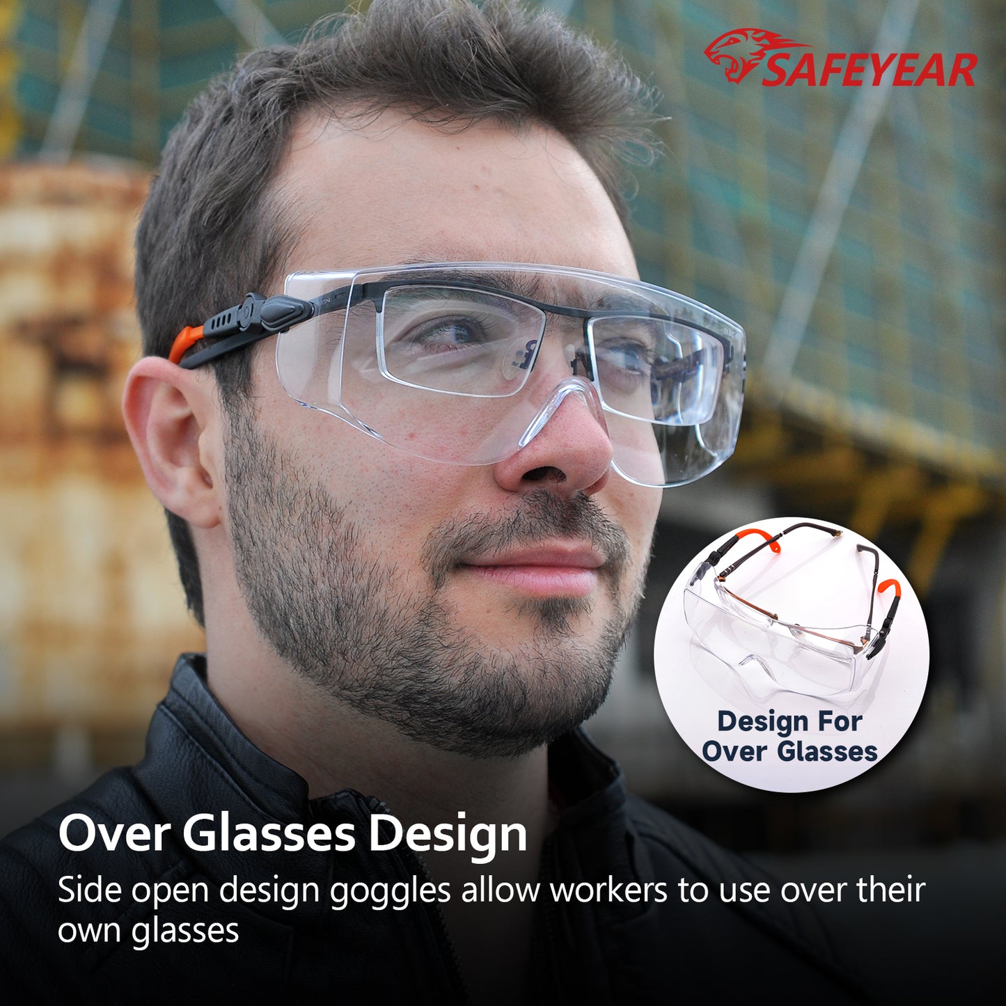 SAFEYEAR Over Glasses Safety Goggles ANSI/EN16321 - Anti-Fog Adjustable Arms