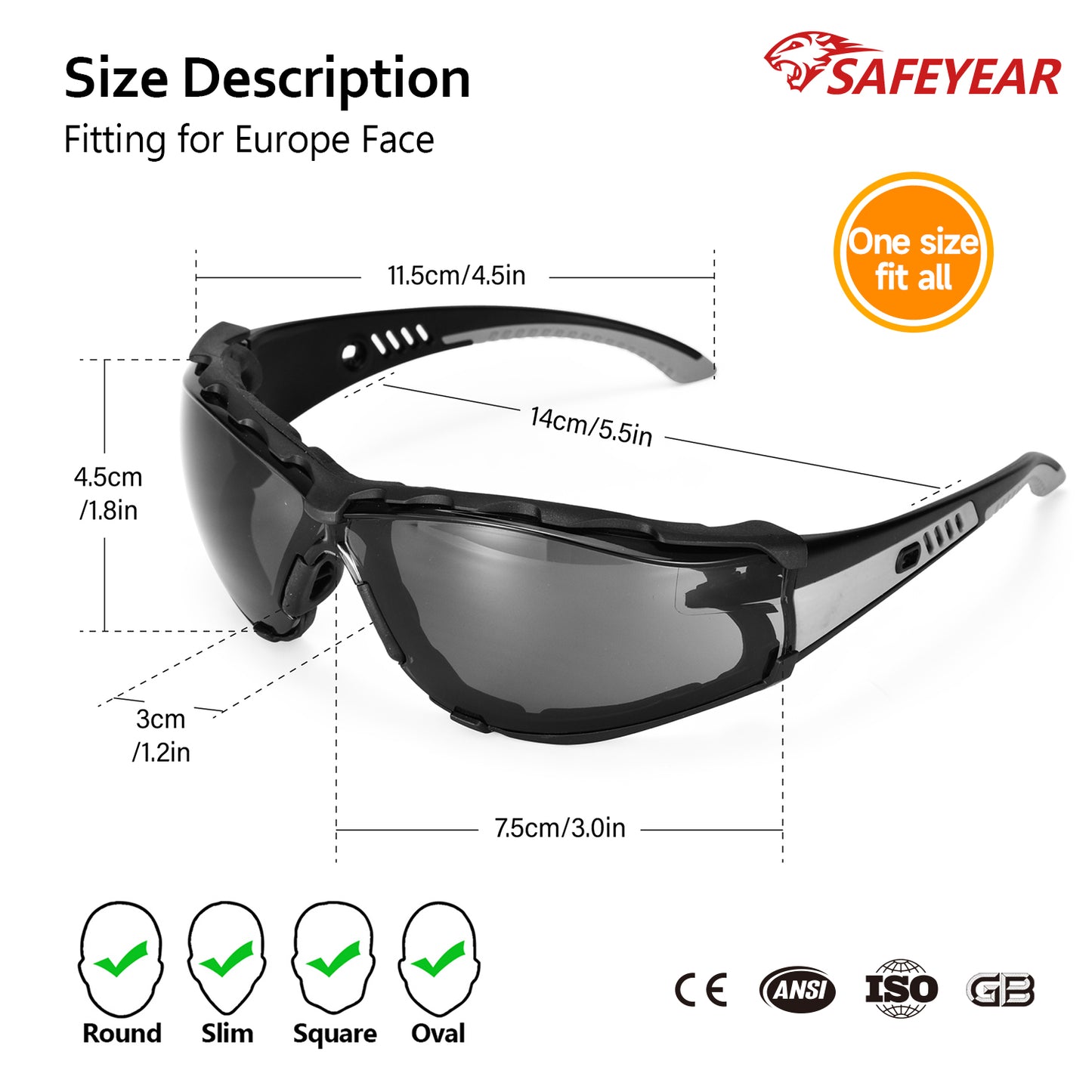 ANSI & EN166 Safety Sunglasses - UV400 Tinted Lens, Free Head Strap Included