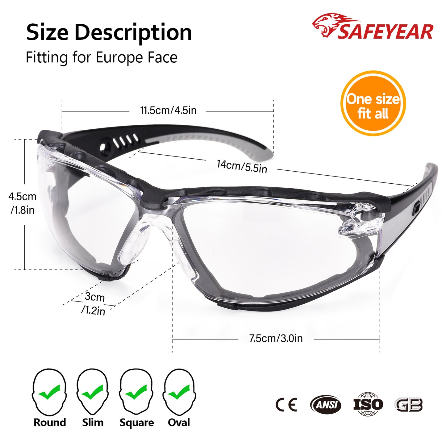 ANSI & EN16321 Safety Glasses - Anti-Fog/Scratch Resistant, Clear Lens with Free Head Strap