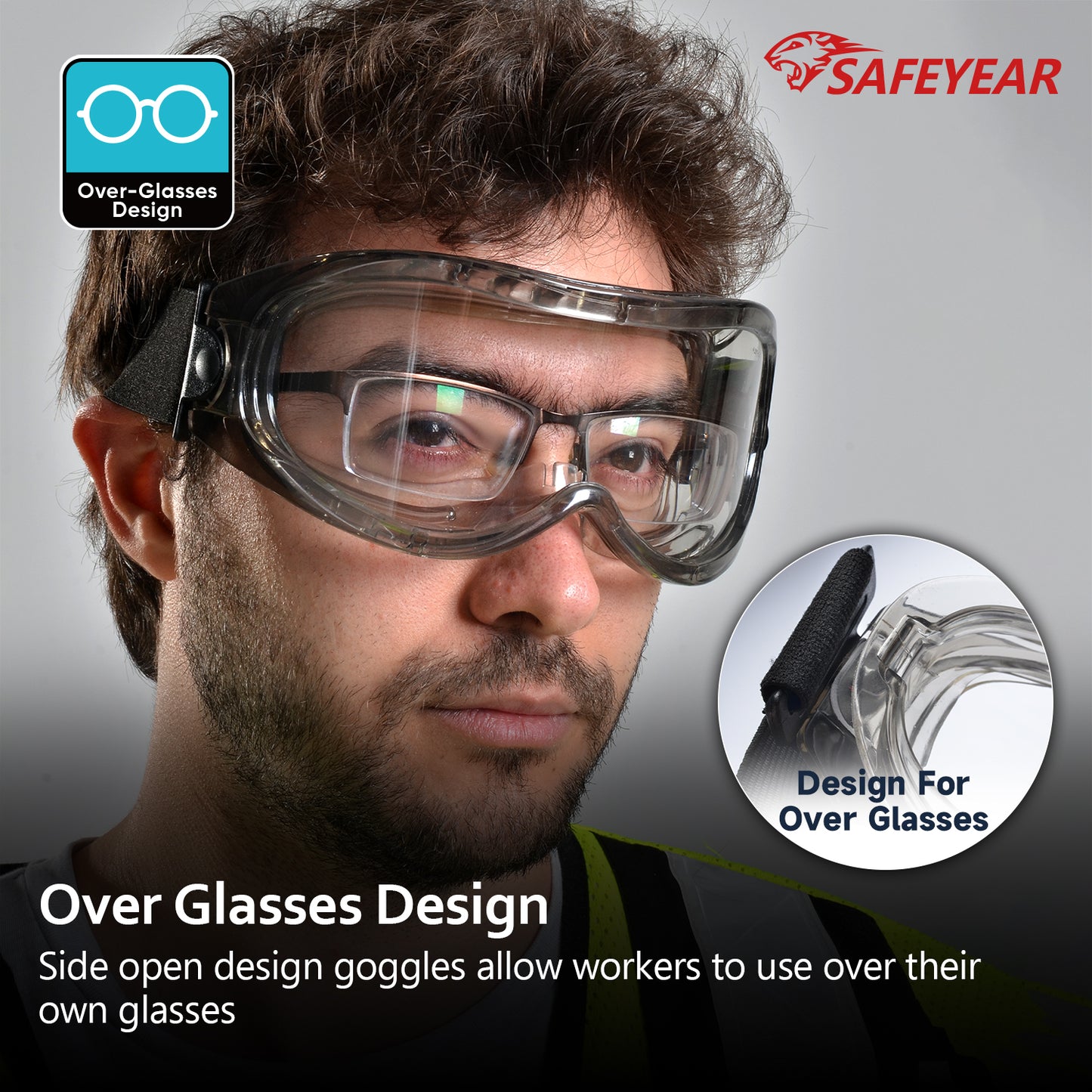 SAFEYEAR Anti Fog Safety Goggles- SG007 HD Scratch Resistant Safety Glasses Lens for Men and Women, VU Protection Over Glasses Work Goggles for DIY, Lab, Welding, Grinding, Chemistry