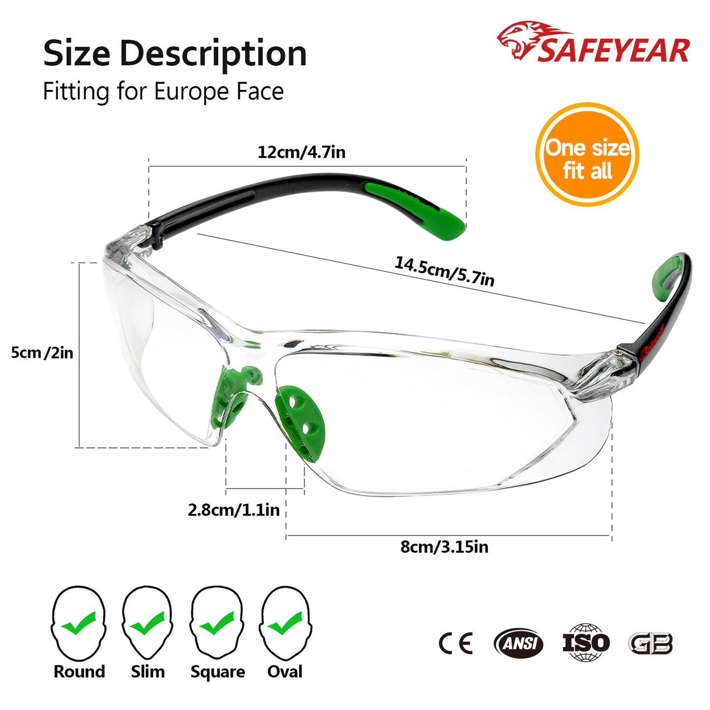 SAFEYEAR Safety Glasses – Clear Lens, UV Protection, Scratch Resistant, Z87+ Certified (SG003GN)