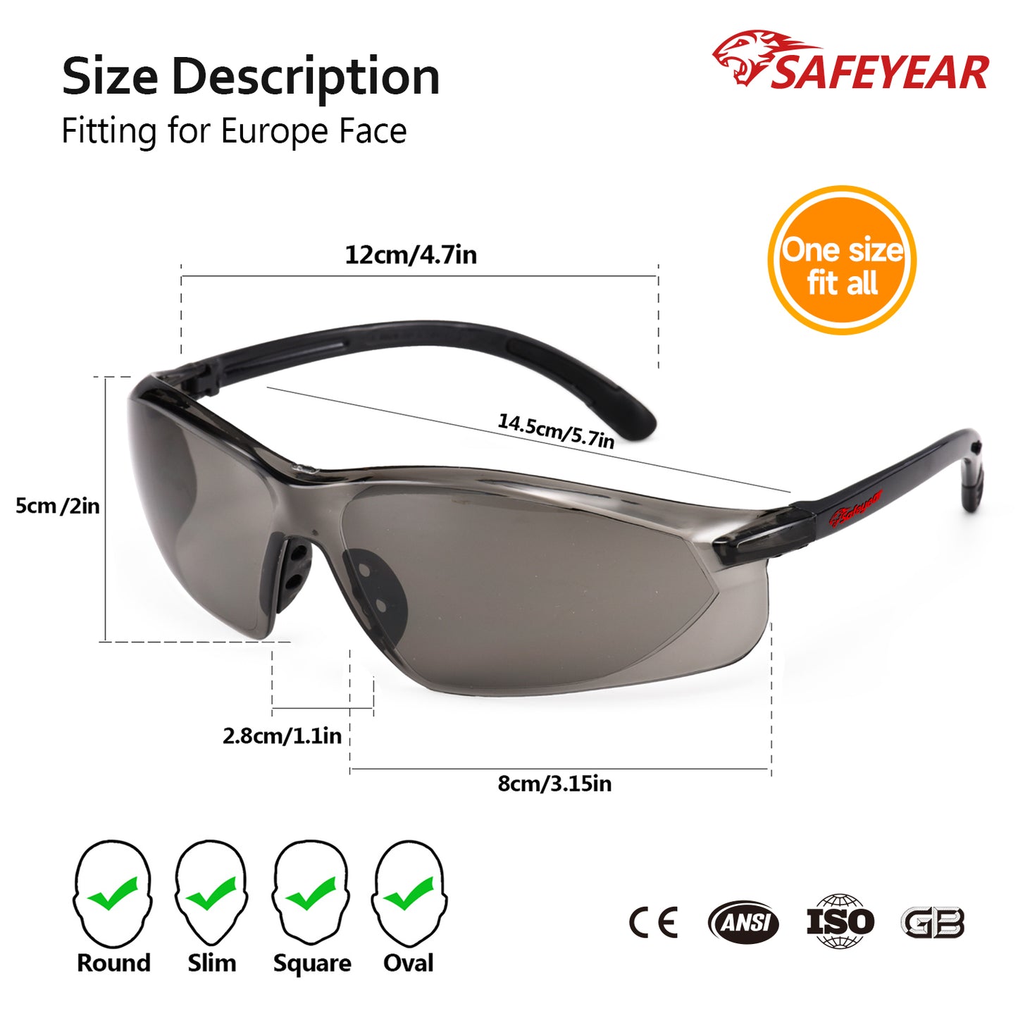 SAFEYEAR Safety Glasses – Clear Lens, UV Protection, Scratch Resistant, ANSI Z87+ (SG003BK)