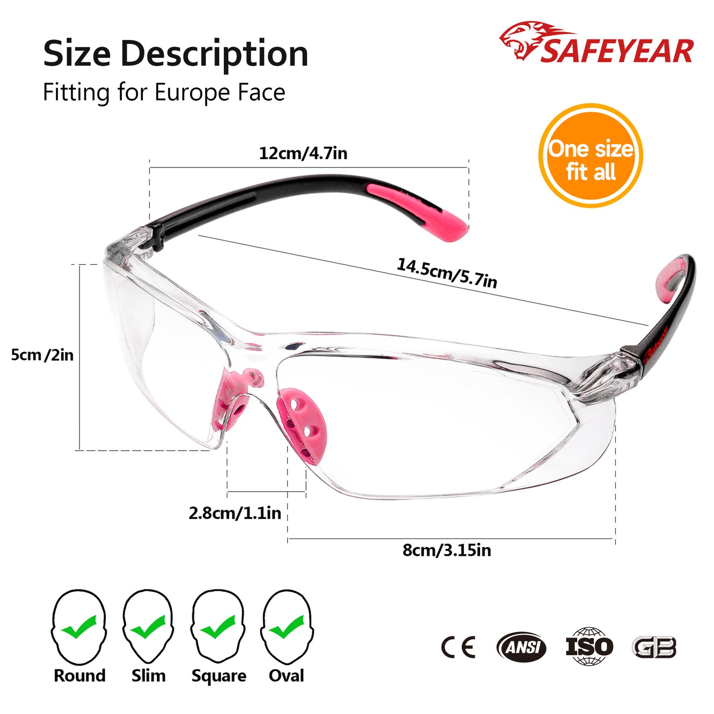 Gafas de seguridad SAFEYEAR para mujer, lentes antivaho, transparentes HD, resistentes a arañazos, con correas ajustables, agarre antideslizante, protección VU para bricolaje, laboratorio, soldadura, pulido y química (rosa)