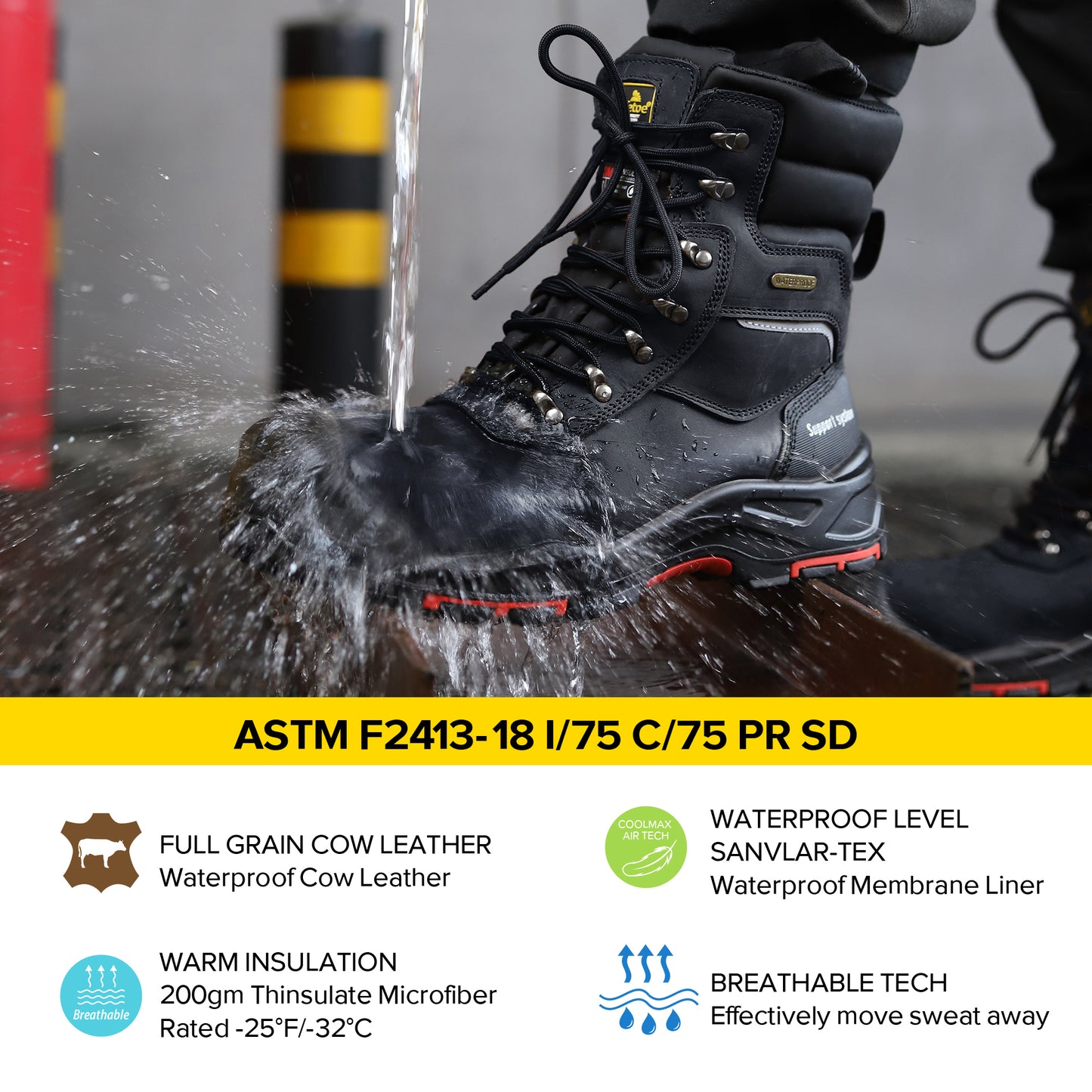 Safetoe Men's Insulated Waterproof Work Boots Composite Toe Industrial safety(H-9552BK)
