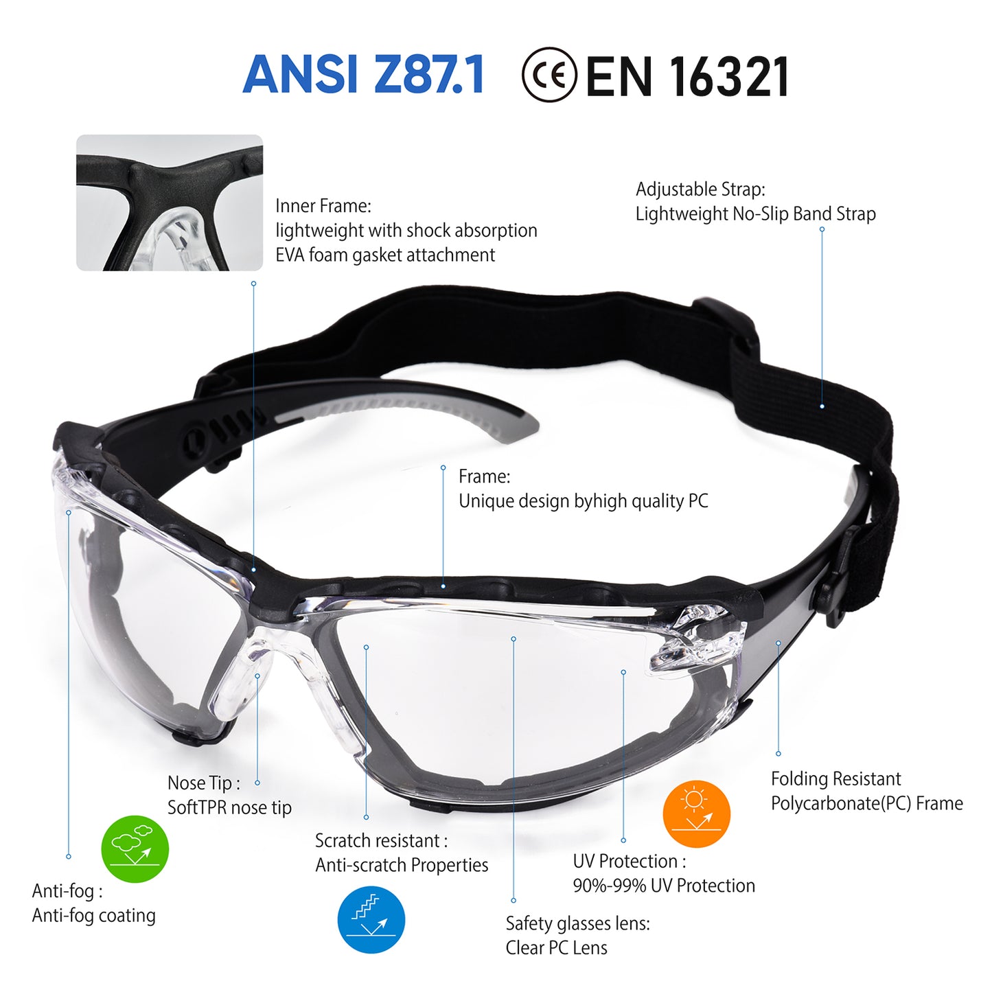 ANSI & EN16321 Safety Glasses - Anti-Fog/Scratch Resistant, Clear Lens with Free Head Strap