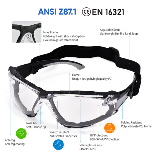 ANSI/EN16321 Certified Safety Glasses – Anti-Fog, Scratch Resistant, Clear Lens + Head Strap