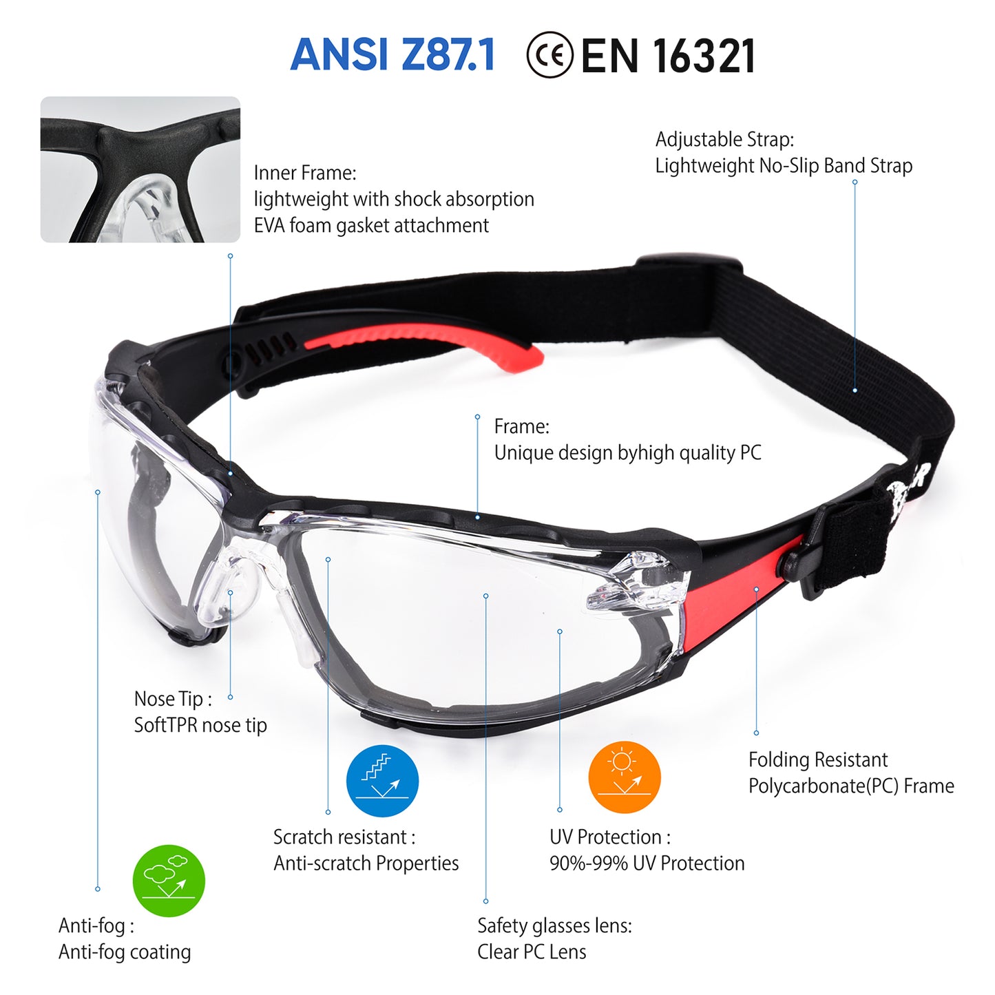 ANSI & EN16321 Safety Glasses - Anti-Fog