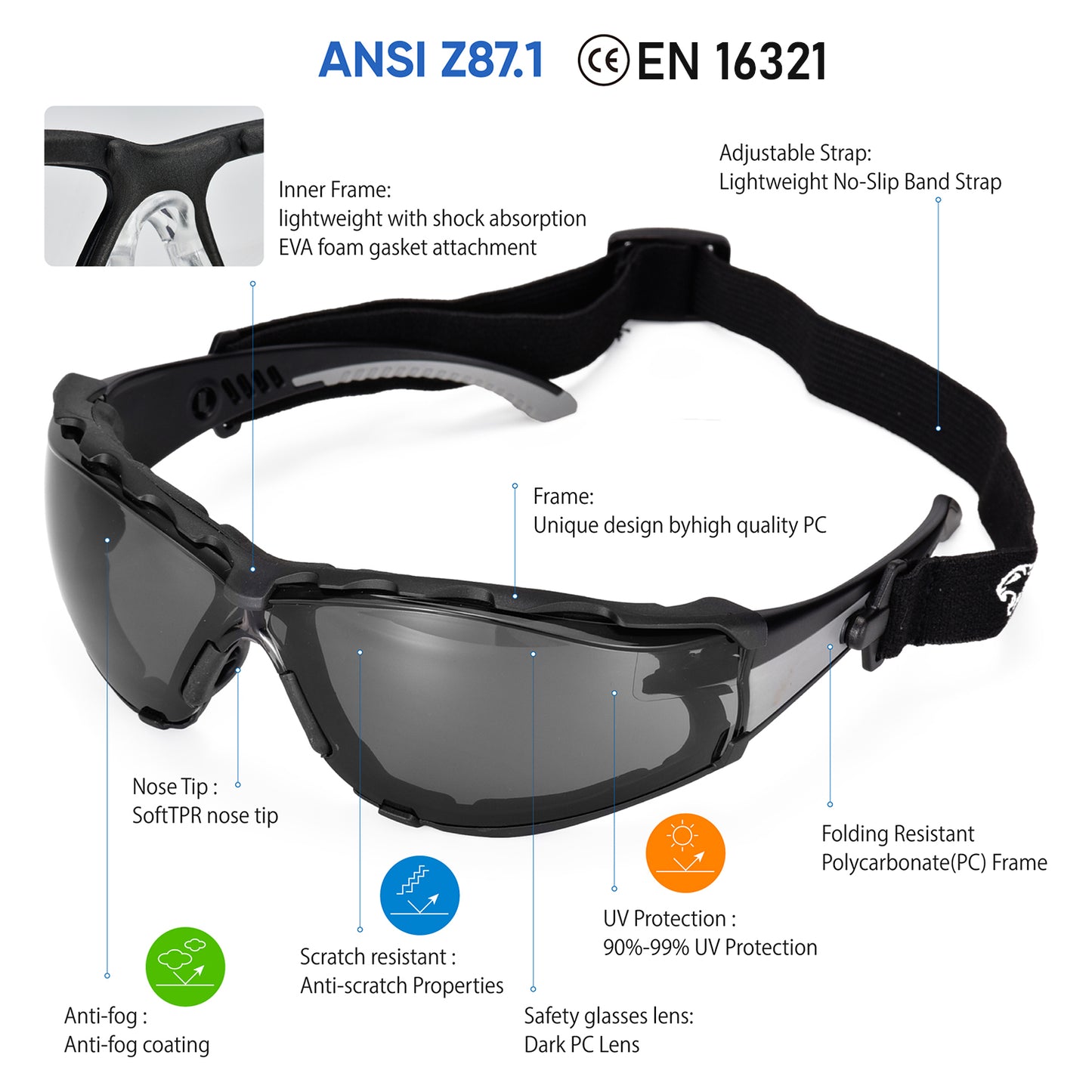 ANSI & EN166 Safety Sunglasses - UV400 Tinted Lens, Free Head Strap Included