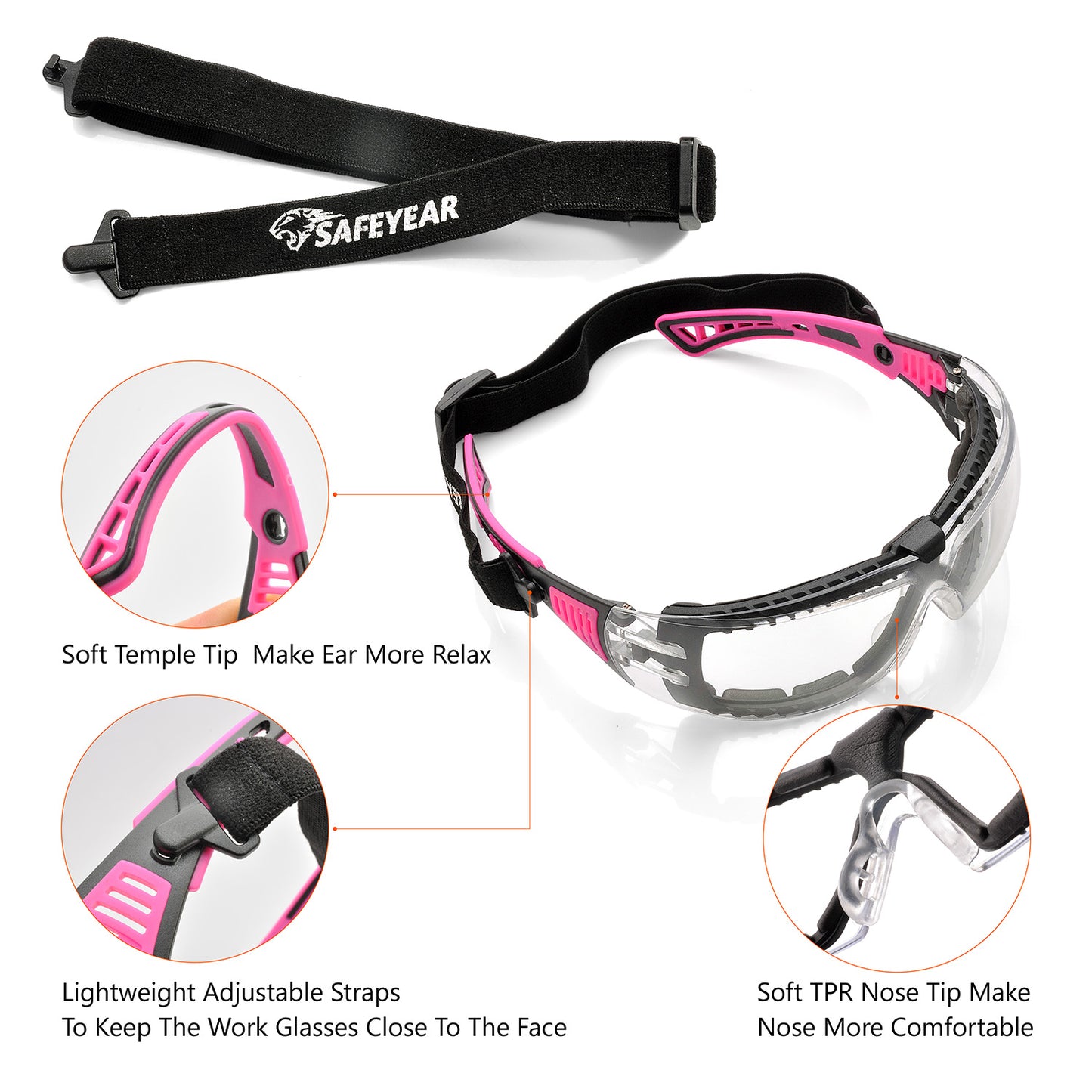 SAFEYEAR Womens Anti Fog Safety Goggles with HD Anti Scratch Resistant Lenses Work Goggles for Women, Adjustable Neck Cord,UV Protection Pink Safety Glasses for DIY, Lab,Grinding,Cycling, MTB