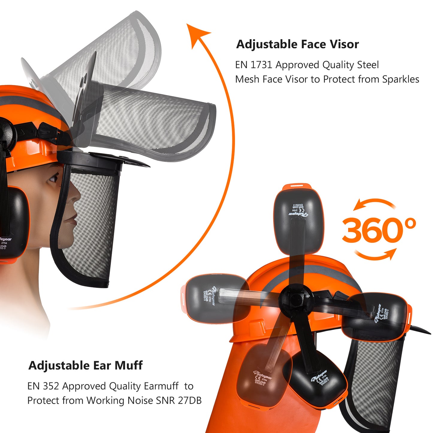Casco de seguridad SAFEYEAR, casco con orejeras, correa de malla protectora para la cara, tamaño ajustable con perilla