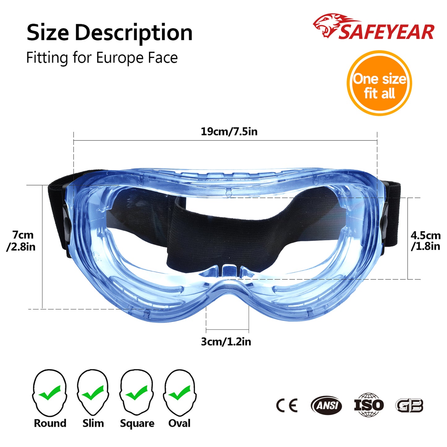 SAFEYEAR Anti Fog Safety Goggles Blue【ANSI Z87 Approved】 HD Scratch Resistant Safety Glasses for Men and Women, VU Protection Over Glasses Work Goggles