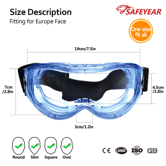 SAFEYEAR Anti Fog Safety Goggles Blue【ANSI Z87 Approved】 HD Scratch Resistant Safety Glasses for Men and Women, VU Protection Over Glasses Work Goggles