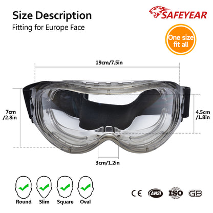SAFEYEAR Anti Fog Safety Goggles- SG007 HD Scratch Resistant Safety Glasses Lens for Men and Women, VU Protection Over Glasses Work Goggles for DIY, Lab, Welding, Grinding, Chemistry
