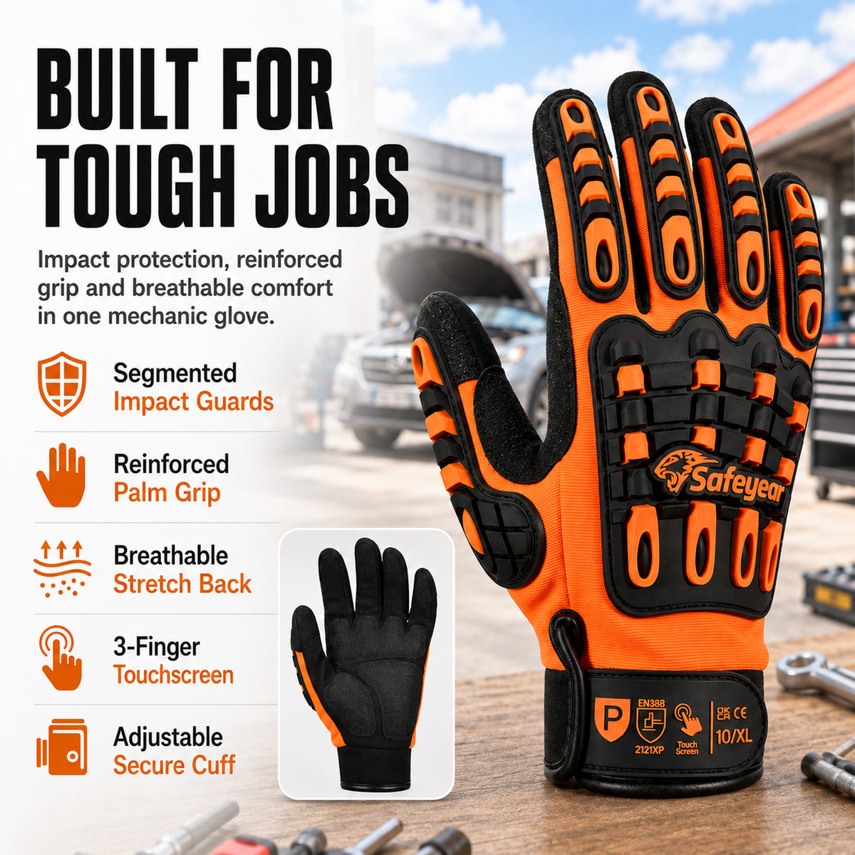 SAFEYEAR Heavy Duty Impact Work Gloves, Touchscreen Mechanics Gloves（Year）