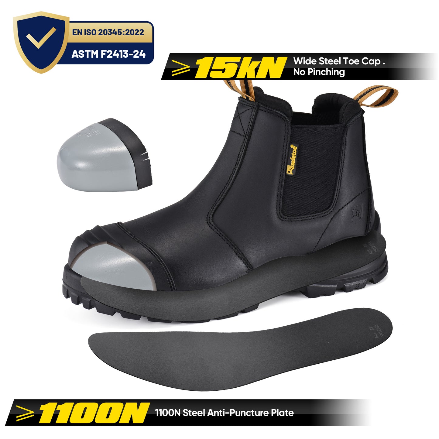 Safetoe Steel Toe Chelsea Work Boots – S3 Safety, Ladder Grip & Slip-Resistant Outsole, ASTM Certified (Black)