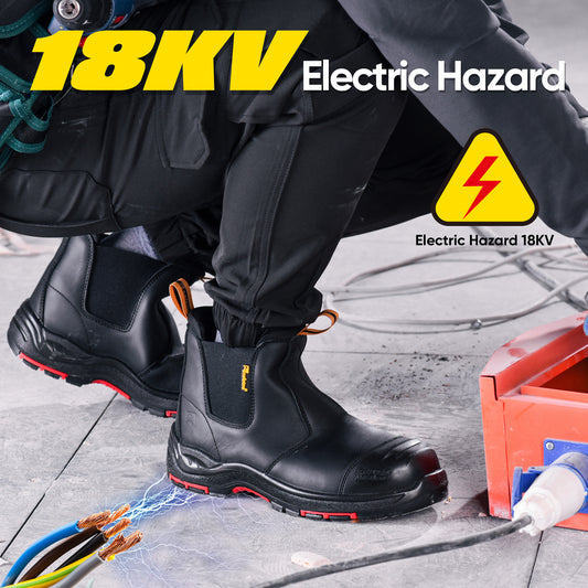 Safetoe Black Leather Composite Toe Work Boots – Slip-Resistant, 18kV EH Rated, Anti-Puncture