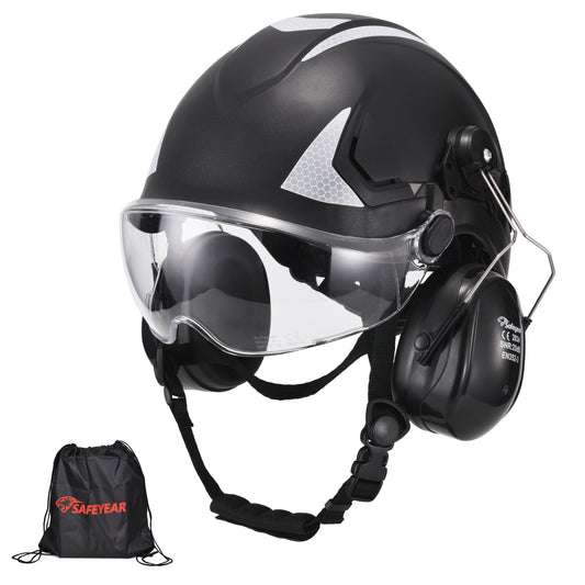 SAFEYEAR Triple Shield Safety System: ANSI/CE Hard Hat With Eyes Shield + Earmuffs for Industrial & Outdoor Work