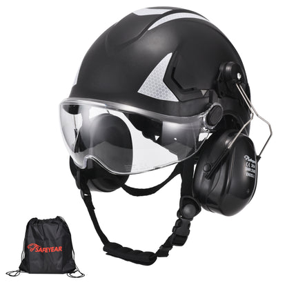 SAFEYEAR Triple Shield Safety System: ANSI/CE Hard Hat With Eyes Shield + Earmuffs for Industrial & Outdoor Work