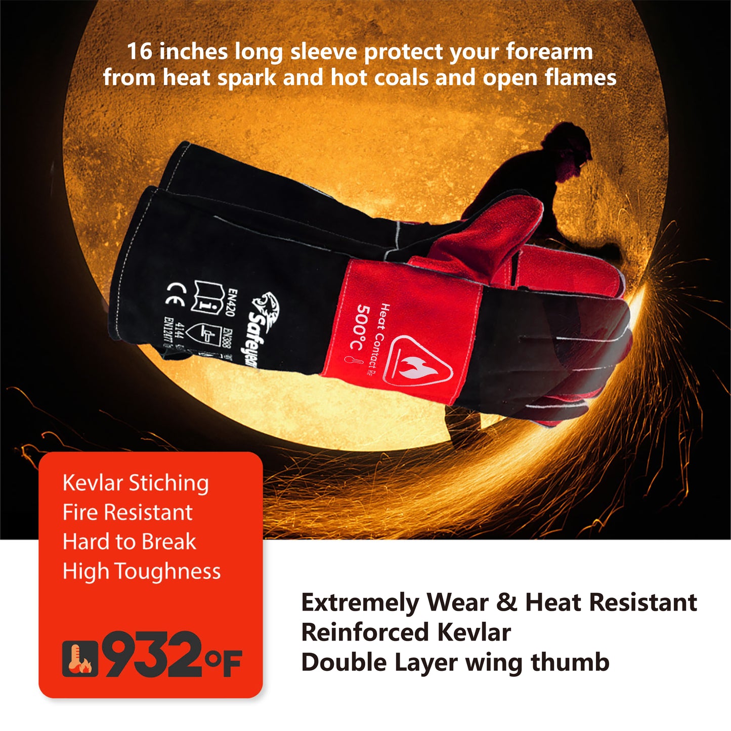 SAFEYEAR 932°F/500°C, Leather Forge Welding Gloves, Extrme Heat &Fire Resistant Work Gloves