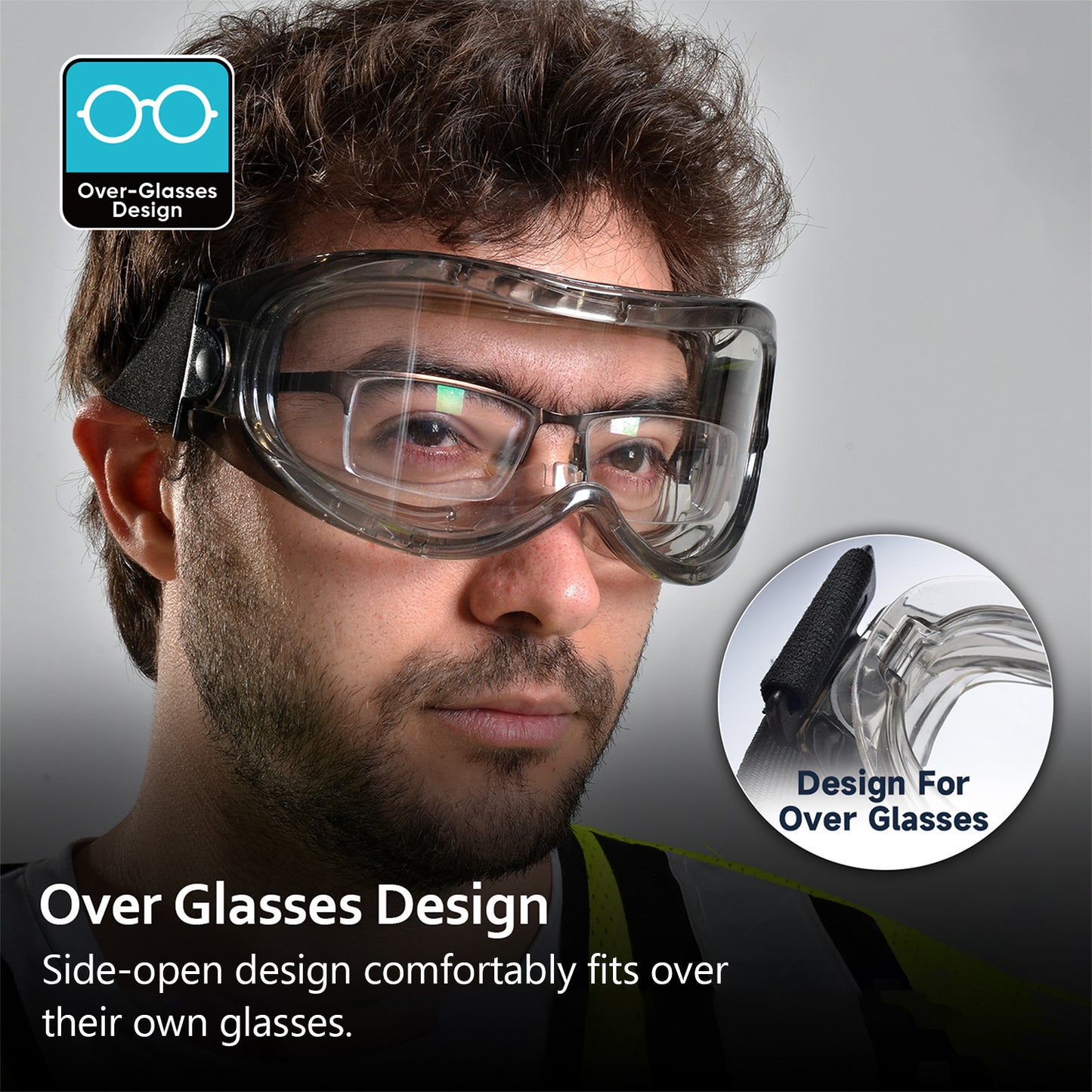 SAFEYEAR Industrial OTG Safety Goggles – Full Coverage Eye Protection (ANSI Z87.1 / EN166)- SG007