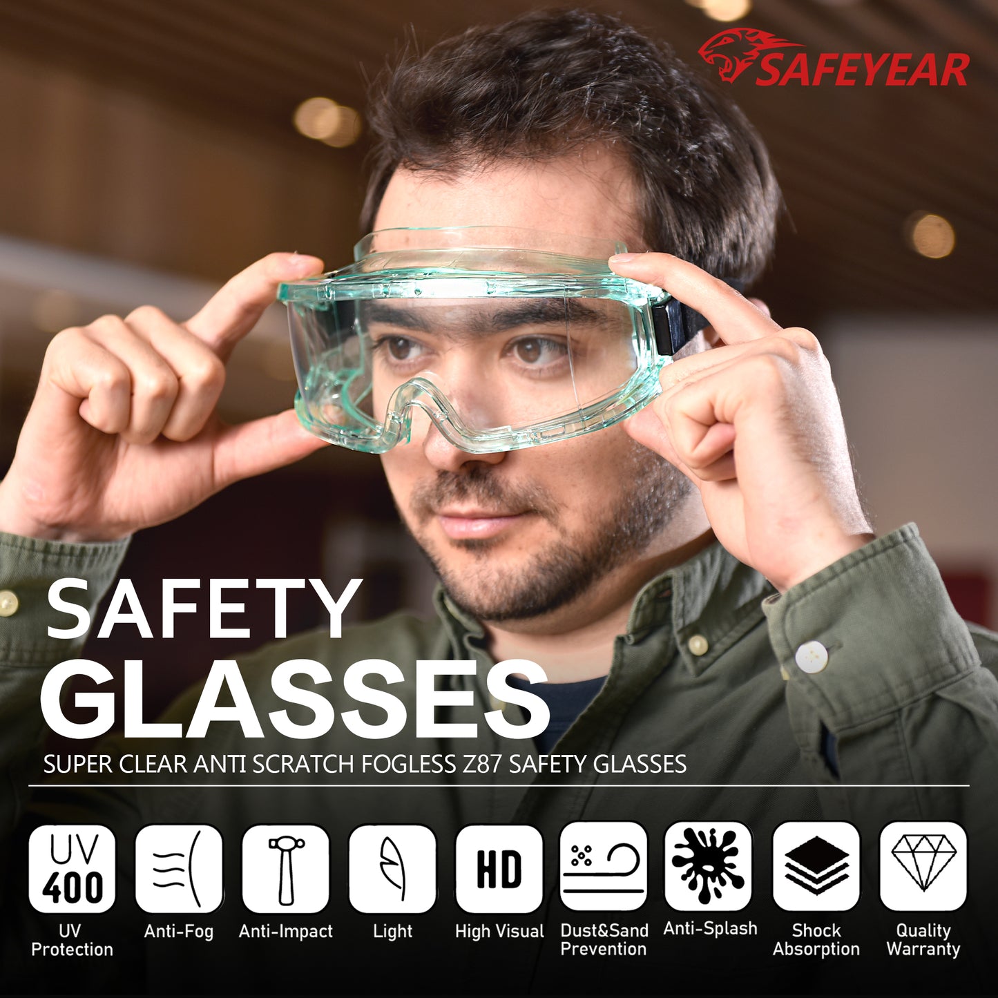 SAFEYEAR Anti Fog Safety Goggles Green【ANSI Z87 Approved】 HD Scratch Resistant Safety Glasses for Men and Women, VU Protection Over Glasses Work Goggles
