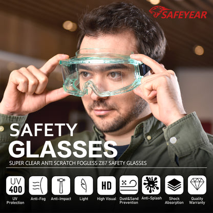 SAFEYEAR Anti Fog Safety Goggles Green【ANSI Z87 Approved】 HD Scratch Resistant Safety Glasses for Men and Women, VU Protection Over Glasses Work Goggles